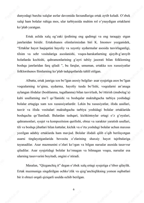ar ifoda etilgan. “o’rmondagi jang” ertagida hayvonlar, parrabdalar bir yoqadan bosh chiqarib, zolim yo’lbars va sotqin mushukni yengadilar. “ ayyorning jazosi” ertagida parrandalar bog’bon chol yordamida birlashib, ayyor tulkini jazolashga erishadilar. bu ertaklarning ijtimoiy – tarbiyaviy ahamiyati shundaki, ular mazmuniga odamlar , yovuzlikka qarshi birlashib, do’stlashib kurashishsa, albatta, g’alaba qiladilar, degan g’oya singdirilgan. m.murodovning “ko’prik” ertagi personajlari hayvon va parrandalar (qunduz, ayi, fil, sher, g’oz, o’rdak, qizilishton, bulbul, laylak va boshqalar) birlashib, ter to’kib mehat qiladilar, ikki qirg’oqni tutashtiruvchi ajoyib ko’prik quradilar. asarda ana shu qizg’in mehant jarayonida vujudga kelgan ahillik, mehnatsevarlik, do’stlik ulug’lanadi dangasalik, “tayyorga ayyyor” bo’lish qoralanadi. unda ishyoqmasning hamma joyda quvg’inga uchrashi, doimo “ izza bo’lib” yurishitannoz tulki timsoli orqali ko’rsatiladi. “hayvonlar haqidagi buryat ertaklari” mavzuida ilmiy tadqiqot ishi olib borgan s.s. bardaxonovaning yozishicha, “hayvonlar, qushlar orqali insonga xos har xil munosabatlar ko’rsatiladi.ertaklardagi hayvonlar, qushlar va baliqlar o’ylashadi,fikrlashadi, aql bilan bahslashadi, donishmandlik bilan o’z xulq atvorini boshqaradi. …