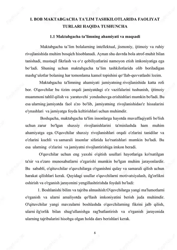 iy rivojlanishlarini ta'minlashlari kerak. o'quvchilarni ilgari surish va motivatsiyalash usullari o'quvchilarning o'rganish jarayonlarini oshirish, ularni yaxshi natijalarga erishishga yordam berish va ularning shaxsiy rivojlanishlarini ta'minlashda juda muhimdir. o'qituvchilar o'quvchilarni ilgari surish va motivatsiyalash uchun quyidagi usullardan foydalanishlari mumkin: 1. maqsadlar va mazmuni:o'quvchilarni ilgari surish va motivatsiyalash uchun maqsadlar va mazmunlar belgilash juda muhimdir. o'qituvchilar o'quvchilarga maqsadlar belgilab, ularning nima uchun o'rganishlari kerakligini tushuntirib, ularni maqsadlariga erishish uchun ilgari surishlari kerak. 2. pozitiv muloqot:o'qituvchilar o'quvchilarga pozitiv muloqot qilish, ularni yuksak natijalarga erishish uchun ilgari surishlari kerak. o'quvchilarni qo'llab-quvvatlash, ularni yuksak natijalarga erishishga rag'batlantirish va ularni ilg'orlik bilan ta'minlash uchun pozitiv muloqot juda muhimdir. 3. muvofiq ta'sir:o'qituvchilar o'quvchilarga muvofiq ta'sir qilish, ularni yuksak natijalarga erishish uchun ilgari surishlari kerak. o'quvchilarni yuksak darajadagi bilim va ko'nikmalariga erishishlari uchun ularga yordam berish, ularning o'rganish jarayonini oshirish va ularni ilg'orlik bilan ta'minlash juda muhimdir. 4. yutuqlar va taqozolar:o'qituvchilar o'quvchilarga yutuqlar va taqozolar berib, ularni yuksak …