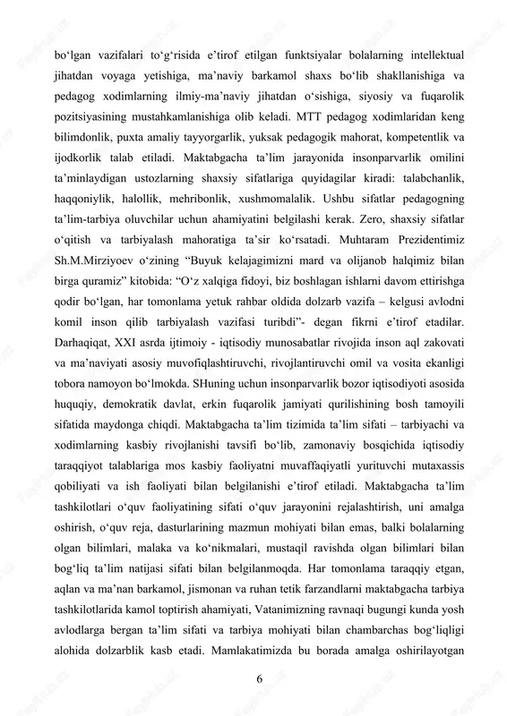 uning uchun insonparvarlik bozor iqtisodiyoti asosida huquqiy, demokratik davlat, erkin fuqarolik jamiyati qurilishining bosh tamoyili sifatida maydonga chiqdi. maktabgacha ta’lim tizimida ta’lim sifati – tarbiyachi va xodimlarning kasbiy rivojlanishi tavsifi bo‘lib, zamonaviy bosqichida iqtisodiy taraqqiyot talablariga mos kasbiy faoliyatni muvaffaqiyatli yurituvchi mutaxassis qobiliyati va ish faoliyati bilan belgilanishi e’tirof etiladi. maktabgacha ta’lim tashkilotlari o‘quv faoliyatining sifati o‘quv jarayonini rejalashtirish, uni amalga oshirish, o‘quv reja, dasturlarining mazmun mohiyati bilan emas, balki bolalarning olgan bilimlari, malaka va ko‘nikmalari, mustaqil ravishda olgan bilimlari bilan bog‘liq ta’lim natijasi sifati bilan belgilanmoqda. har tomonlama taraqqiy etgan, aqlan va ma’nan barkamol, jismonan va ruhan tetik farzandlarni maktabgacha tarbiya tashkilotlarida kamol toptirish ahamiyati, vatanimizning ravnaqi bugungi kunda yosh avlodlarga bergan ta’lim sifati va tarbiya mohiyati bilan chambarchas bog‘liqligi alohida dolzarblik kasb etadi. mamlakatimizda bu borada amalga oshirilayotgan islohotlar buyuk ma’naviy fazilatlarga ega, insoniy fazilatlarni o‘zida mo‘jassamlashtirgan, yetuk kadr sifatida faoliyat yuritishga zamin hozirlaydi. o‘zbekistonda maktabgacha ta’lim tizimini …