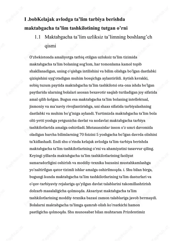 ni joriy etish va rivojlantirish ham muhim davlat ahamiyatiga molik masalalardan hisoblanadi.maktabgacha bo‘lgan yoshdagi bolalarni har tomonlama rivojlantirish maqsadida zamonaviy innovatsion va axborot-kommunikatsiya texnologiyalarini joriy etish maqsadida hozirgi kunda bir qator islohatlar olib borilmoqda.binobarin, ta’lim va tarbiya, jamiyat talablariga javob beradigan muayyan shaxsiy sifatlarni tarkib toptirish maqsadida katta avlodning yosh avlodga ongli maqsadga muvofiq ta’sir ko‘rsatish jarayoni sifatida hal etuvchi muhim omil hisoblanadi. maktabgacha ta’lim bola shaxsini maktabgacha yoshdagi bolalar ta‘lim-tarbiyasiga qo‘llanadigan davlat talablariga muvofiq, jismoniy, manaviy va intelluktual jihatdan maktabda o‘qishga tayyorlashni nazarda tutadi.bolalarga beriladigan ta’limning mazmuni har bir yosh davrida bir-biridan keskin farq qiladi.masalan: oilada va maktabgacha yoshidagi bolalarga majburiy (bilim) ta’lim berilmaydi.ular uchun kundalik hayotining o‘zi ta’imdan iborat bo‘lib, bu yoshdagi bolalar kundalik hayotlarida atrof-muhitdagi narsa va hodisalar bilan tanishadilar, xilma-xil narsalarni qo‘llari bilan ushlab ko‘rib sinchiklab tekshiradilar.bu yoshdagi bolalar kuchli hissiyotli va juda qiziquvchan bo‘ladilar. ularning ana shu qiziquvchanligidan keng foydalanish lozim, ta’lim berishda ularni atrof …