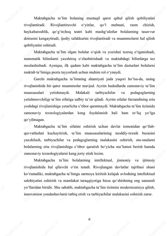 shladi. xx asrning 20-yillarida bolalar bog‘chalari tashkil etildi va ularning soni yildan yilga ortib bordi. ushbu davrda bolalar tarbiyasida pedagogik yondashuvlar shakllana boshlagan bo‘lsa-da, ta’lim dasturlarining mazmuni asosan ideologik maqsadlarga yo‘naltirilgan edi. shunga qaramay, bolalar uchun ta’lim muassasalari ochilishi va ularning muntazam rivojlanishi jamiyat taraqqiyoti uchun katta qadam bo‘ldi. xx asrning 50-80-yillarida maktabgacha ta’lim tizimi yanada kengaydi. shahar va qishloqlarda bolalar bog‘chalari faoliyat ko‘rsatdi, pedagogik usullar rivojlantirildi va bolalarning ta’lim olishi uchun sharoitlar yaratildi. bu davrda psixologiya va pedagogika fanlari taraqqiy etganligi sababli, bolalarning yoshiga mos rivojlanish xususiyatlariga e’tibor qaratila boshlandi. ta’lim muassasalarida bolalar faolligini oshirish va ularning maktabga tayyorgarligini yaxshilashga yo‘naltirilgan dasturlar ishlab chiqildi. o‘zbekiston mustaqillikka erishgandan so‘ng, maktabgacha ta’lim tizimida tub islohotlar amalga oshirildi. 1997-yilda “ta’lim to‘g‘risida”gi qonun qabul qilinib, unda maktabgacha ta’limga alohida e’tibor qaratildi. mustaqillikning dastlabki yillarida ta’lim tizimida moliyaviy qiyinchiliklar mavjud bo‘lgan bo‘lsa- 8 da, asta-sekin bu sohada ijobiy o‘zgarishlar kuzatildi. davlat tomonidan maktabgacha ta’lim …