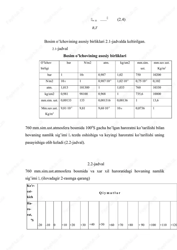 qlik saqlami; 0,47- suv bug’ining issiqlik saqlami. namlikni bug’latishga ketgan issiqlik sarfi nam havoni issiqlik saqlamini hisobga olgan holda aniqlanadi. si sistemasida issiqlik joulda belgilanadi: 1 kkal=4186,8j=4,1868 kj. shunda i" =2491+1,97t kj/kg. ga teng bo’ladi. 3.nam havoning i-d diagrammasi. namlangan havo xususiyatlari ko’rsatgichlari yoki parametrlari namlangan havo i-d diagrammasi deb ataluvchi diagramma (1-rasm)yordamida aniqlanishi mumkin. i-d diagramma professor l.k.razmin tomonidan ishlab chiqilgan va xar qanday materialni quritish, shu qatorda paxta xom ashyosi bilan bog’liq bo’lgan jarayonlarni grafikli hisoblashda universal tezkor usul hisoblanadi. quritgichlarni analitik hisoblash qiyin, chunki birgalikda bir necha tenglamalarni yechishga to’g’ri keladi va nam xavoga oid jadvalning mavjudligi bu vazifani yechilishida sezilarli darajada yordam bermaydi. i-d diagrammada xavo holatini aniqlovchi barcha parametrlari (i,d,,b ,t,) grafikli bog’langan, ikkita parametrning ma`lumligi evaziga qolgan parametrlarni aniqlash mumkin. to’g’ri chiziqli tizimda diagramma koordinatlari ordinat o’qi yo’nalishiga nisbatan xaddan tashqari uzun bo’lganligi sababli u grafik tasvirni qulay bo’lishi uchun i-d diagramma qiyaburchakli koordinatlar …