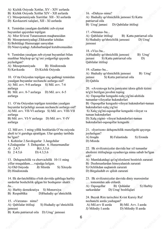 iy o'lkalarida aholining asosiy mashg’uloti nima edi? a) dehqonchilik va chorvachilik b) dehqonchilik va baliqchilik s) ovchilik va baliqchilik d) termachilik va dehqonchilik 24. o’rta osiyoning janubiy viloyatlarda aholi qachon ziroatchilikka o'tgan? a) mil.avv. v-іv ming yilliklar boshlarida b) mil.avv. vі-v ming yilliklar oxirlarida s) mil.avv. vі-v ming yilliklar boshlarida d) mil.avv vіі-v ming yilliklar o’talarida 25. eneolit davri nechanchi ming yilliklarga to'g'ri keladi a) mil avv 7-4 ming yilliklarga v) miloddan avv. 4-3 ming yilliklarga s) mil.avv.6-4 ming yilliklar d) mil.avv. 5-3 ming yilliklar 26. neolit davri oxirlarida odamlar yaratgan eng buyuk kashfiyotlaridan biri... a) misdan foydalanish bo'ldi b) temirdan foydalanish bo'ldi s) bronzadan foydalanish bo'ldi d) qo'rg'oshindan foydalanish bo'ldi 4 http://mil.avv.6--4/ 27. qadimgi sharqda ilk shaharlar va davlatlar qachon vujudga kela boshladi? a) mil avv. іv ming yillikda s) mil.avv ііі ming yillikda b) mil.avv v ming yillikda d) mil.avv vі ming yillikda 28. o'rta osiyo janubida sug'orma …