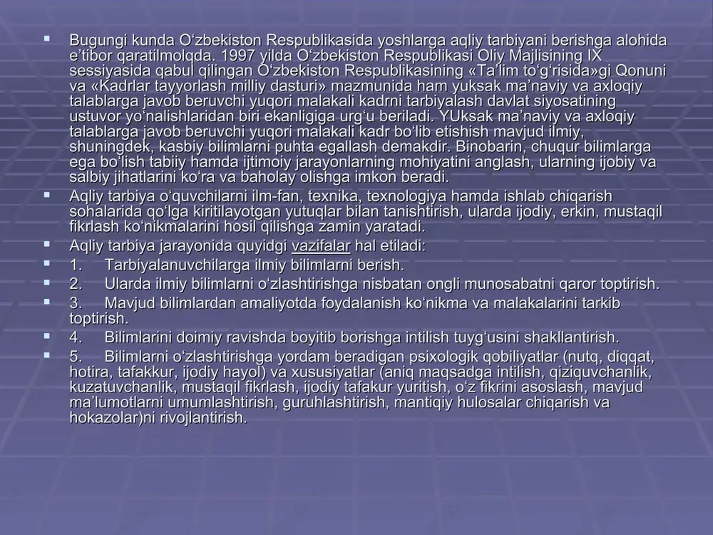ijasida yuzaga keladi. uning shakllanishida ilmiy qarash va e’tiqod o‘ziga hos o‘rin tutadi.qarash va e’tiqod o‘ziga hos o‘rin tutadi.  sharq mutafakkirlari o‘z asarlarida bilish hamda inson sharq mutafakkirlari o‘z asarlarida bilish hamda inson aqliy tafakkuri masalalariga alohida o‘rin bergan. aqliy tafakkuri masalalariga alohida o‘rin bergan. xususan, abu nasr forbiy inson tomonidan borliqni xususan, abu nasr forbiy inson tomonidan borliqni anglanishi, tabiat sirlarini anglashida ilm-fanning rolini hal anglanishi, tabiat sirlarini anglashida ilm-fanning rolini hal qiluvchi omil sifatida baholaydi. allomaning fikricha, qiluvchi omil sifatida baholaydi. allomaning fikricha, inson tanasi, miyasi, sezgi organlari u tug‘ilganda mavjud inson tanasi, miyasi, sezgi organlari u tug‘ilganda mavjud bo‘lgan bo‘lsa, aqliy bilimi, ma’naviyati, ruhiyati, bo‘lgan bo‘lsa, aqliy bilimi, ma’naviyati, ruhiyati, intellektual va axloqiy sifatlari, harakteri, dini, urf-odatlari, intellektual va axloqiy sifatlari, harakteri, dini, urf-odatlari, ma’lumoti tashqi olam, ijtimoiy muhit ta’sirida, odamlar ma’lumoti tashqi olam, ijtimoiy muhit ta’sirida, odamlar bilan tashkil etayotgan munosabatlari jarayonida bilan tashkil etayotgan …