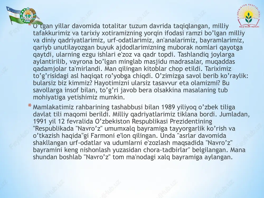 yasini belgilab beradi hamda uni real hayotga tadbiq qilish ma’suliyatini ham o`z zimmasiga olishga qodir bo`ladi. *shuning bilan birga rahbar uchun xos bo`lgan muhim xususiyatlardan yana biri, u o`z tanlangan yo`lining aniq mo`ljalini, uning kelajakda mamlakatni taraqqiy qildirishda xizmat qiladigan imkoniyatlarni aniq tasavvur eta oladi. bundan tashqari u o`zi belgilab bergan vazifalarini amalga oshirish uchun mamlakat aholisini o`z orqasidan ergashtirish qobiliyatiga ega bo`lishini ham taqazo qiladi. *mamlakatga rahbarlik qilmoqchi bo`lgan etakchi uchun yana bir shart shuki, u o`zi belgilab bergan vazifalar ichidan asosiy halqani topa bilishi va uni belgilangan maqsadlarni amalga oshirishiga xizmat qildira bilishga salohiyati etarli bo`lishi lozim bo`ladi. *yuqoridagilarni umumlashtiradigan bo`lsak, mamlakatga rahbarlik qilmoqchi bo`lgan etakchi uni taraqqiy qildirishga xizmat qila oladigan ilmiy g`oyalar majmuasi hisoblanadigan taraqqiyot kontseptsiyasini ishlab chiqishi va uni amalga oshirishning imkoniyatlarini belgilab berishi talab etiladi. * islom karimov ana shu ko`rsatilgan barcha xususiyatlar va salohiyatni o`zida mujassamlashtirgan rahbar bo`lganligi uchun ham mamlakatimiz taraqqiyotining strategik …