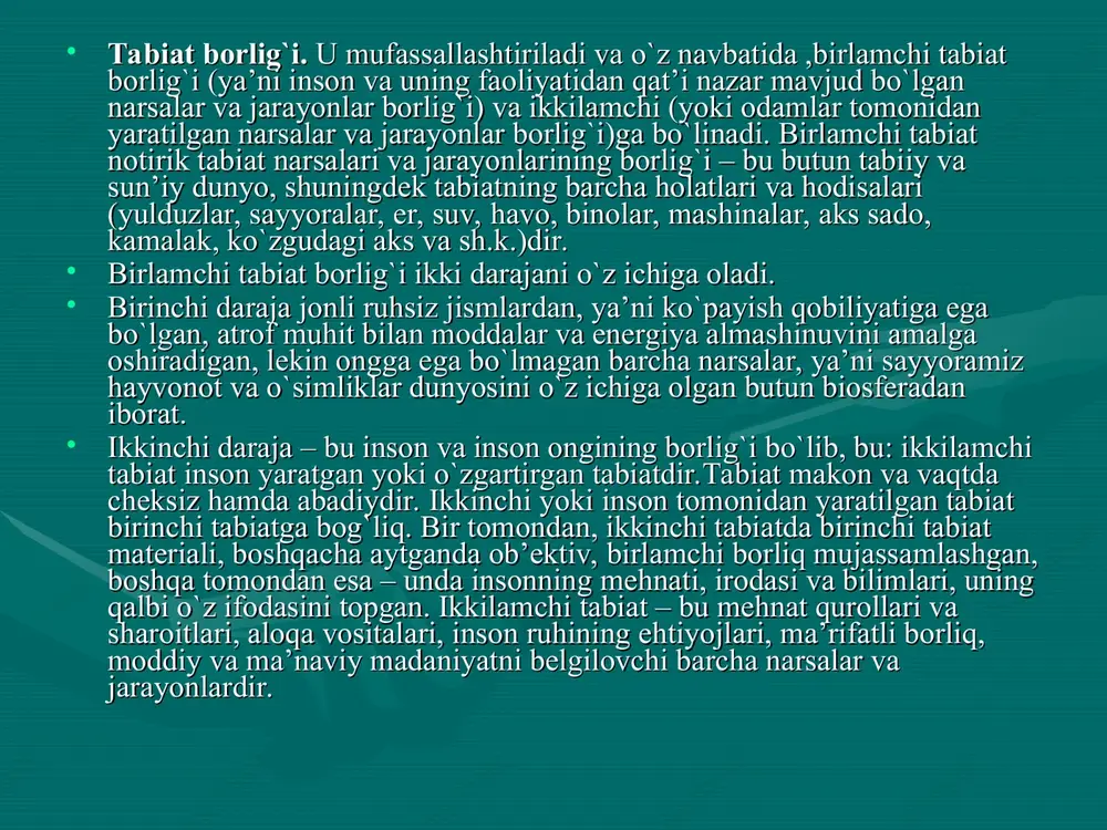 lib chiqadi, bu yashovchanligini ta’minlash zaruriyati kelib chiqadi, bu oziq-ovqat mahsulotlari, kiyim-kechak, turar joy, sof atrof oziq-ovqat mahsulotlari, kiyim-kechak, turar joy, sof atrof muhitga ega bo`lish ehtiyojida o`z ifodasini topadi;muhitga ega bo`lish ehtiyojida o`z ifodasini topadi; • ..borliqning asosiy shakllari.borliqning asosiy shakllari. • borliq o’zining shakllariga ko’ra xilma –xildir. xo’sh, bu shakllar borliq o’zining shakllariga ko’ra xilma –xildir. xo’sh, bu shakllar qanday ko’rinishda mavjud?qanday ko’rinishda mavjud? • avvalambor, bizni qurshab turgan yaxlit, bir butun dunyo, eng avvalambor, bizni qurshab turgan yaxlit, bir butun dunyo, eng umumiy borliq bo’lib , u ko’pdan-ko’p real mavjud narsalardir.umumiy borliq bo’lib , u ko’pdan-ko’p real mavjud narsalardir. • bu narsa va hodisalarning har biri o’ziga xos, boshqlardan mavjud bu narsa va hodisalarning har biri o’ziga xos, boshqlardan mavjud bo’lmagan tomonlar, xususiyatlarga ham ega. lekin inson o’z bo’lmagan tomonlar, xususiyatlarga ham ega. lekin inson o’z faoliyatlarida ularni bilish jarayonida borliqning bu turli faoliyatlarida ularni bilish jarayonida …