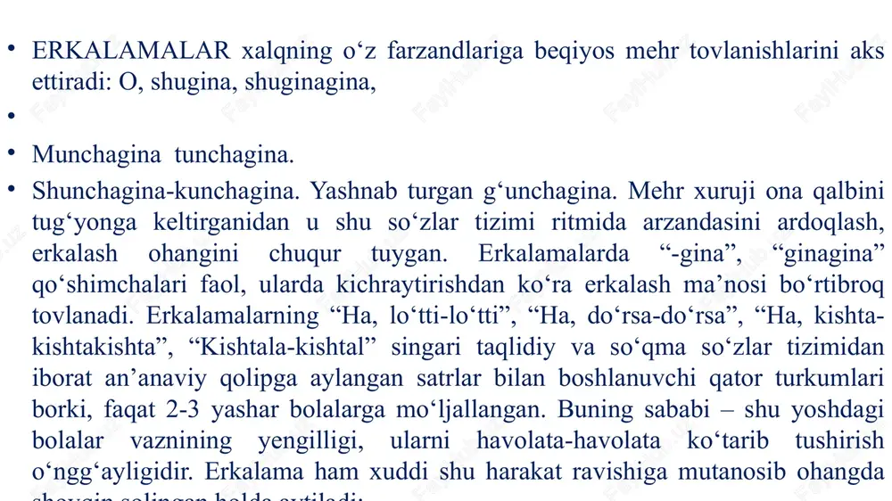 dihalardir. tegishmachoqlar ham, masxaralamalar ham shovqin solib aytilishlariga ko‘ra o‘zaro o‘xshasalar-da, birinchisi – bevosita obyektga qaratilgan bo‘lib, ko‘pchilik tomonidan ijro etilsa, ikkinchisi – ayni ijro jarayonida obyektga qaratilgan bo‘ladi. masxaralamalar yakka holda – soloda aytilaveradi, goho deklomatsiya qilinishi ham mumkin. masxaralamalarda bolalar sinfiy mavqelarini ayonroq ko‘ra boshlashlari tufayli sinfiy dunyoqarashlarining kurtak ota borishidan tug‘ilgan tanqidiy munosabatlarini ifodalash yetakchi tamoyildir. dastlabki bosqich bo‘lganidan bu jarayon birmuncha jo‘n va soddaroq kechadi. bolaning ijtimoiy hodisaga tanqidiy munosabatini ifodalaovchi sinfiy nazari oddiy tashqi belgilarni ajratib ta’kidlash shaklida zuhur topadi: yomg‘ir yog‘aloq, echki sog‘aloq. boylar bolasi – qorni dumaloq. “yomg‘ir yog‘ishi”– tabiatga xos hodisa, jamiyatga esa suv tekin sanaladi. “boylar bolasi” mehnatkashlarni “echkiday sog‘ayotgan” otalari hisobidan “qorinlarini dumalatib” yashayotgani sarkastik parallelizmda fosh qilingan. masxaralamalar hamma zamonlarda – o‘tmishda ham, bugun ham yaratilmoqda. qaysi zamonda yaratilganidan qat’iy nazar, davrning tarixiy ruhiga muvofiq yovuzlar qiyofasini konkret an’anaviy ifodalarda fosh etadi. bunda bolalar tasavvurining konkretliligi, yovuzlik yoki yovuzlarni …