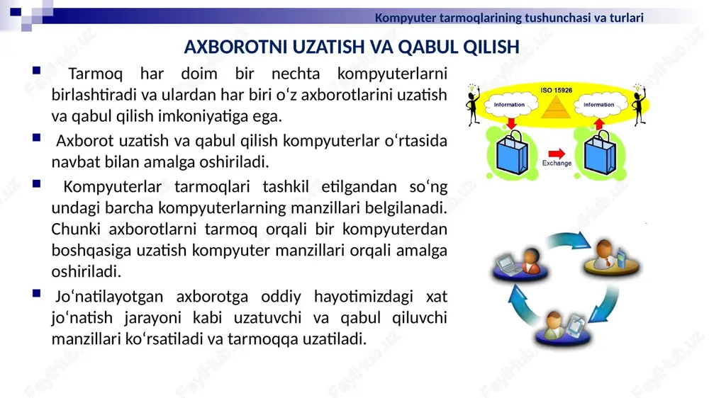 a olingan repiterlarga nisbatan afzalligi hamma ulanish nuqtalari bir joyga yig’ilganligidir. bu tarmoq tuzilishini o’zgartirishga qulaylik tug’diradi, tarmoqni nazorat qilish va nosozliklarni topishni osonlashtiradi. shuningdek hamma repiterlar sifatli va bir nuqtadan elektr manbaiga ulanadilar. aktiv kontsentratorlar ancha murakkab vazifalarni bajaradilar, masalan, ular almashuv protokollarini va axborotni o’zgartirishni amalga oshiradilar. internet xizmatlari bilan ishlash tarmoq kartasi- network card - setevaya karta tarmoq kartalarini turli adabiyotlarda yana kontroller, adapterlar, platalar, interfeyslar, nic – network interface card nomlar bilan ataydilar. bu qurilmalar mahalliy tarmoqning asosiy qismi, ularsiz tarmoq hosil qilish mumkin emas. tarmoq adapterlarining vazifasi – kompyuterni (yoki boshqa abonentni) tarmoq bilan ulash, yana qabul qilingan qoidalarga rioya qilgan holda kompyuter bilan aloqa kanali o’rtasidagi axborot almashinuvini ta’minlashdir. internet xizmatlari bilan ishlash transiverlar – transiver - transceiver transiverlar yoki uzatish va qabul qilish qurilmalari, ular adapter bilan tarmoq kabeli o’rtasidagi axborotni uzatish uchun xizmat qiladilar yoki tarmoqning ikki qisimlari (segment) o’rtasidagi axborot uzatishni …