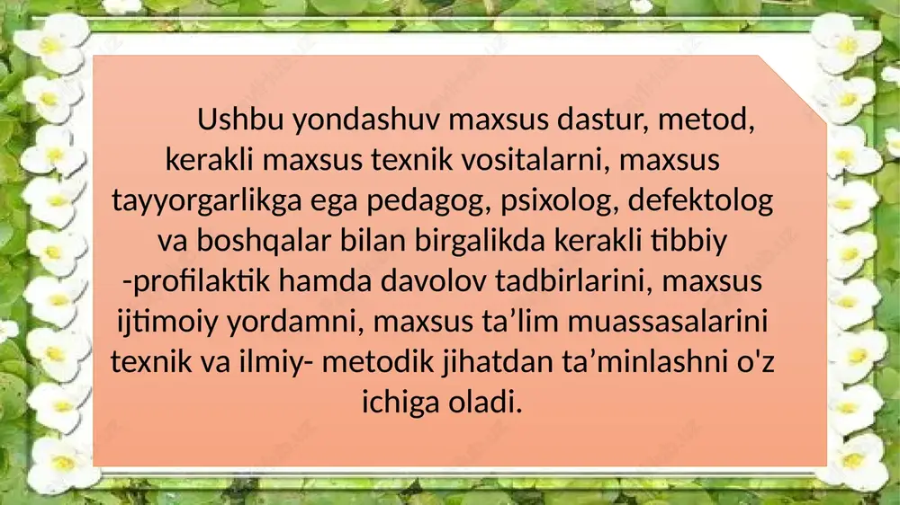 , bu esa o‘z navbatida ruhiy jihatdan rivojlanishida orqada qolishga, kechikishga olib keladi, sust rivojlanganlikning somatik shakli deb shunga aytiladi. bolada surunkali infeksiyalar, allergik holat tug‘ma porok va shu kabi kasalliklar ayniqsa tez uchrab turadi. ruhiy rivojlanishning somatogen sabablarga aloqador sustligi bolada asteniya holatini vujudga keltiradi. ayrim bolalarda somatogen infantilizm kuzatiladi, ya’ni bola o‘sib-unmagan, go‘dak taxlit bo‘lib qolaveradi. bunda bola psixikasida nevrozga o‘xshash holatlardan o‘z kuchiga ishonmaslik, qo‘rqoqlik, injiqlik, erkalik, qiziqishning pastligi va boshqalar kuzatiladi. 3.ruhan sust rivojlanganlikning psixogen shaklida bola erta yoshligidan noqulay, noto‘g‘ri sharoitda tarbiyalanadi va shu tarbiyaning salbiy tomonlari ruhan rivojlanishiga ta’sir o‘tkazgan bo‘ladi. shu xildagi kamchiliklarning kelib chiqish sabablarini 3 guruhga bo‘lish mumkin. 1. bola tarbiyasi bilan mutlaqo shug‘ullanmaslik, uni butunlay o‘z holiga tashlab qo‘yish, bunda bolalarda burch va mas’uliyat hissi shakllanmaydi. aql-idrokning rivojlanishi, qiziqishlari, bilish faoliyati,his-tuyg‘u va iroda yetishmasligi ustiga o‘quv fanlarini o‘zlashtirish uchun zarur bilim va taassurotlarning yetishmasligi ham qo‘shiladi. 2. bolani har tomonlama …