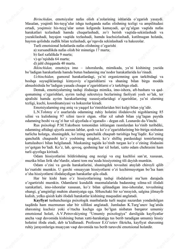 . aksincha, hozirgi rassomlar tomonidan ishlangan rasmlar odamda qandaydir noxush hissiyotni tug’diradi. demak, uzoq yillar davomida yuzaga keladigan dinamik streotiplar ayrim murakkab hisni tashkil qiladi. shunday qilib, hissiyot vegetativ nerv tizimi orqali boshqariladigan ichki a’zo faoliyati bilan bog’liq bo’lsa ham bari bir bosh miya po’sti orqali idora qilinadi. chunki akademik i.v.pavlovning fikricha, odamning butun a’zoyi badanida bo’ladigan har qanday hodisalarning hammasini bosh miya po’sti qismidagi neyronlar idora qiladi. ana shu jihatdan olganda hissiyotning nerv-fiziologik asosi bosh miya po’sti bilan bog’liq. 2. inson va hayvonlardagi emotsiyalar odam his-tuyg’ulari bilan hayvon hissiyotlari o’rtasida juda katta farq bo’ladi. odamda juda ko’p miqdorda his-tuyg’ular borki, bunday hissiyotlar xayvonlarda uchramaydi. shuning uchun ham odam ham xayvon uchun umumiy bo’lgan g’azablanish, qo’rqish, jinsiy hissiyot, qiziquvchanlik, xursandchilik, g’amginlik emotsiyalari hayvonlarda sifat jihatidan farq qiladi. shu o’rinda s.shexterning emotsional faktorlarning paydo bo’lishi kognitiv-fiziologik kontseptsiyasini keltirib o’tish joiz. fizik faktorlar (ta'sir etuvchi stimullar) psixologik (kognitiv) faktorlar: xotira, aktual qiziqish) …