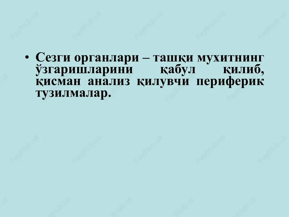 eflekslari: mushak tonusini oshishi a/b ning oshishi yurak urish chastotasini oshishi siydik ajralishining tormozlanishi mit ning motorikasini va xazm sekretsiyasini kamayishi ter ajralishining kuchayishi glikogenning parchalanishini kuchayishi qonda qand miqdorini oshishi qorachiqni kengayishi adrenalin, kortikosteroidlar, gipofiz orqa bo'lagi gormonlarining sintezini oshishi ichki a'zolar muskul til burun teri quloq ko'z afferent strukturalar efferent strukturalar yarimsharlar po'stlog'i mahsus po'stlog'osti tuzilmalari retikulyar formatsiya yarimsharlar po'stlog'i mahsus po'stlog'osti tuzilmalari retikulyar formatsiya teskari aloqa teskari aloqa nutqning motor markazi kinestetik sezuvchanlik markazlari ko'rish markazi eshitish markazi tovon barmoq tana kaft qo'l barmoqlar burun lablar tishlar halqum tovon tizza tana tirsak kaft barmoqlar bo'yin yuz lablar jag' til stomatologiyada og'riqning fiziologik asoslari. tish pulpasining, til va periodont retseptorlaridan, og'izning shilliq qavati notsitseptorlaridan qo'zg'alish a va s tipdagi asab tolalari orqali o'tkaziladi sezuvchi neyronlar uch boshli asab ganliylarida joylashgan og'riq patologik jarayonlar (pulpitlar, periodontitlar) natijasida paydo bo'ladi og'riq asosan kasalangan tish soxasida paydo bo'ladi, lekin jag'ning qo'shni …