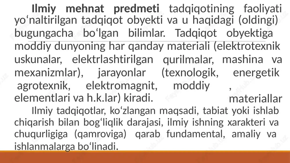 novi: tajribaviy namunani davlat sinoviga topshirish; davlat sinovini o‘tkazish va sertifikatsiyalash. ayrim qismlar, shunday qilib, ilmiy tadqiqotlar qanday maqsadga qaratilganligi va ilmiy chuqurligi bo‘yicha uch asosiy turga tasniflanadi: fundamental (nazariy), amaliy va tajriba, konstruktorlik ishlanmalari. fundamental va amaliy iti larning asosiy bosqichni, bajarilish jarayoni olti tajriba konstruktorlik ishlanmalari esa yetti bosqichni o‘z ichiga oladi. ilmiy tadqiqotning barcha turlari joriy etish bilan yakunlanadi. image1.png image2.png image3.png image4.png image5.png image6.png image7.png image8.png image9.png image10.png
