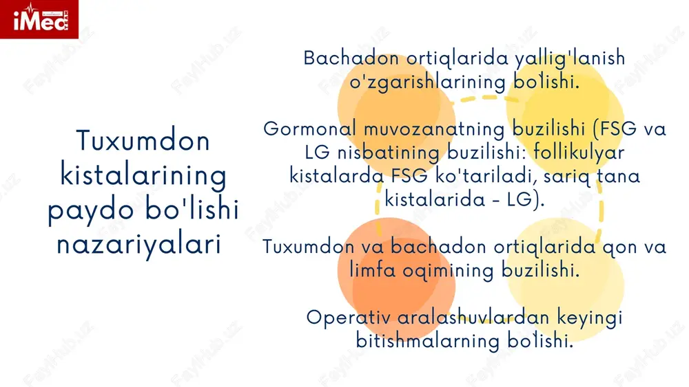 nsa, kista olib tashlanadi yoki organ rezektsiya qilinadi. laparoskopiya kistaning malignizatsiya belgilari bo'lmagan hamda kista kichik bo'lgan holatlarda amalga oshiriladi. og'ir holatlarda - katta o'smalar bo`lganda, malignizatsiya belgilari bo`lganda, shifokorlar hosilani olib tashlash uchun laparotomiyaga murojaat qilishadi. patologik holat bo'lib, kista kapsulasining yorilishi va tos bo'shlig'iga qon quyilishi bilan tavsiflanadi. bu shoshilinch jarrohlik aralashuvni talab qiladigan jiddiy asoratdir. tuxumdon kistasining yorilishi (tuxumdon apopleksiyasi) qorin bo'shlig'i bosimining haddan tashqari oshishi; tuxumdon qon tomirlarida patologik o'zgarishlar va buning natijasida qon oqimining buzilishi; qorin bo'shlig'i travmalari; tuxumdonlarning yallig'lanish jarayonlari; gormonal nomutanosiblik; antikoagulyantlarni nazoratsiz qabul qilish. tuxumdon kistasining yorilishining asosiy sabablari quyidagilardan iborat:� qorin bo'shlig'ida pastki qismida odatda shikastlangan tuxumdon tarafda kuchli og'riq. holsizlik, bosh aylanishi, titroq. ko'ngil aynishi. terining oqarib ketishi. hushidan ketish holati. tuxumdon kistasining yorilishi belgilari jarrohlik tuxumdon kistasining yorilishi uchun davolashning asosiy usuli hisoblanadi. hozirgi vaqtda kista yorilishi kuzatilgan bemorlarda quyidagi turdagi jarrohlik aralashuvlarni amalga oshiradilar: bir tomonlama ooferektomiya - …