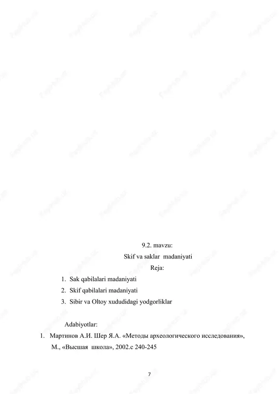 thematics, logic, and botany, and did so always in sanscrit. in response, the brahmans established schools, called mathu, where similar high intellectual topics were discussed and where buddhist and brahmanic hindu ideas were fused. shimoliy xitoy xududida buddaning 5 ta mahobatli haykali bo‘lgan[footnoteref:3]. [3: worlds together,worlds apart. w.w. norton.& company. new york. london. 2011, p.302.] yungang buddha. this is one of the five giant statues of the buddha in yungang, created under the emperors of the northern wei, a dynasty built by nomads who invaded and occupied north china. 9.2. mavzu: skif va saklar madaniyati reja: 1. sak qabilalari madaniyati 2. skif qabilalari madaniyati 3. sibir va oltoy xududidagi yodgorliklar adabiyotlar: 1. martinov a.i. sher ya.a. «metodi arxeologicheskogo issledovaniya», m., «visshaya shkola», 2002.s 240-245 2. galrina g.a., dobrova e.v. «populyarnaya istoriya arxeologii», m., «veche», 2002.s 200-215 3. worlds together,worlds apart. w.w. norton.& company. new york. london. 2011.p.186 temir davri boshlarida …