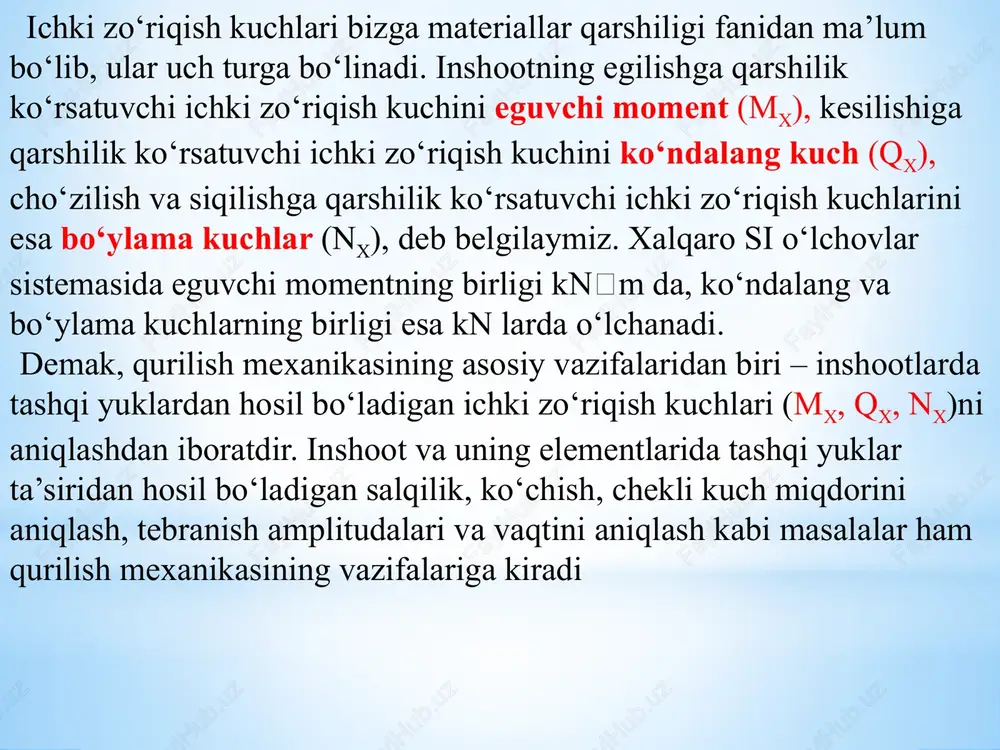 a harakatlanadigan mexanizmlar, avtomobil va poyezdlarning og‘irligi va shunga o‘xshashlarni kiritish mumkin. suv to‘g‘onlarini hisoblashda to‘g‘onlardagi suvning bosimi foydali yuk hisoblanadi. foydali yuklarning belgilangan miqdori me’yorlar va texnik shartlardan olinadi. inshootlarning og‘irligi. inshootlarni hisoblayotganda foydali yuklar qatorida uning o‘z og‘irligini hisobga olish shart. chunki inshootning yuqori qismidagi konstruksiyalarining og‘irligi pastdagi konstruksiyalarga ta’sir qiladi. inshootning og‘irligi uning poydevoriga tashqi yuk sifatida uzatiladi. atmosfera yuklari.bu yuklarga qor, shamol, haroratning issiq yoki sovuqligi va boshqalar kiradi. ushbu yuklar mamlakatimizning tabiiy hududi sharoitini va inshoot shaklini hisobga oluvchi qurilish qoidasi va me’yorlarida berilgan bo‘ladi. inshootga ta’sir etuvchi barcha yuklar sirtqi va hajmiy yuklarga bo‘linadi. inshoot sirtining bir qismiga yoki hammasiga ta’sir qilayotgan yuklar sirtqi yuklar, inshootning barcha ichki qismlariga ta’sir qilayotgan kuchlar hajmiy yuklar deb ataladi. hajmiy yuklarga inshootning o‘z og‘irligi misol bo‘ladi. tashqi yuklar qo‘yilishiga, ta’sir etish vaqtiga, ta’sir qilish xarakteriga, vazifasiga va boshqa belgilariga qarab bir necha turlarga bo‘linadi. yuklar to‘plangan va …