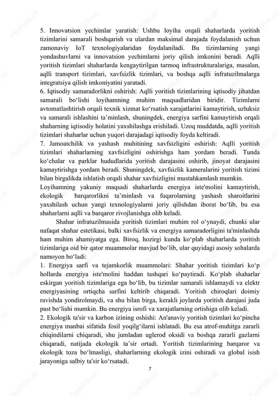 ko‘pincha energiya manbai sifatida fosil yoqilg‘ilarni ishlatadi. bu esa atrof-muhitga zararli chiqindilarni chiqaradi, shu jumladan uglerod oksidi va boshqa zararli gazlarni chiqaradi, natijada ekologik ta’sir ortadi. yoritish tizimlarining barqaror va ekologik toza bo‘lmasligi, shaharlarning ekologik izini oshiradi va global isish jarayoniga salbiy ta'sir ko‘rsatadi. 3. tez eskirish va yuqori texnik xizmat ko‘rsatish xarajatlari: ko‘plab shaharlarda yoritish tizimlari eski texnologiyalar asosida ishlaydi, va ularning ishlash muddatini uzaytirish uchun muntazam ravishda texnik xizmat ko‘rsatish zarur. bunday tizimlarning ta'mirlanishi va almashtirilishi juda qimmatga tushadi. eskirgan chiroqlar va uskunalar tizimning samaradorligini pasaytiradi va shaharlar uchun qo‘shimcha xarajatlar yaratadi. 4. xavfsizlik muammolari: yoritish tizimlarining samarasizligi shahar xavfsizligiga salbiy ta'sir ko‘rsatadi. tunda ko‘chalar va jamoat joylarida yoritishning past darajasi jinoyatlar sonining ortishiga olib kelishi mumkin. yoritish tizimlari jiddiy ta’mirga muhtoj bo‘lishi, ba'zan esa yoritishning o‘chib qolishi xavfsizlikka tahdid soladi. bu, o‘z navbatida, shahar aholisi uchun xavfsizlikni ta'minlashda muammo tug‘diradi. 5. chiroqlarni boshqarishning muammolari: an'anaviy tizimlarda yoritish …