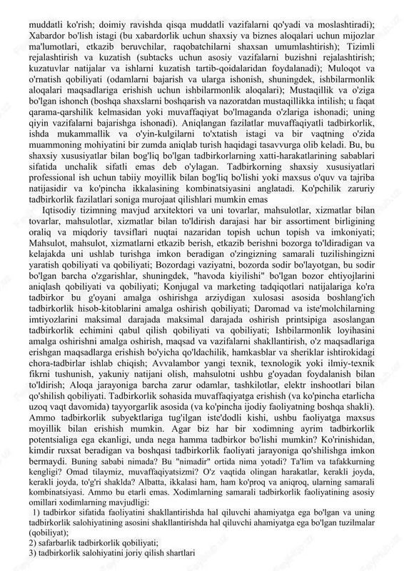 nda sog‘lig‘ini, tabiiy ofat yoki baxtsiz hodisa tufayli molmulkini yo‘qotishi mumkin. shuningdek, bozor iqtisodiyoti sharoitida hech kimning faoliyat natijasi to‘liq kafolatlanmagan bo‘lib, korxonalar moliyaviy inqirozga yuz tutishi mumkin. shunday holatlarda sug‘urta faoliyatiga ehtiyoj seziladi. 12 sug‘urta – turli xil kutilmagan holatlar natijasida yuzaga keladigan moliyaviy muammolardan muhofaza qilish faoliyati. sug‘urta faoliyati ham tadbirkorlikning maxsus turi hisoblanadi. unga mulk sug‘urtasi, hayot va sog‘liqning shaxsiy sug‘urtasi, risk sug‘urtasi, javobgarlik sug‘urtasi kabilar kiradi. umumiy holda sug‘urta tadbirkorligini sug‘urta xizmatlarining oldi-sotdisi sifatida tavsiflash mumkin. tadbirkorlik shakllari tadbirkorlik turlari bilan bir qatorda, tadbirkorlik shakllarini ham to‘g‘ri tanlash muhim hisoblanadi. tadbirkorlik shakli – faoliyat yuzasidan hamkorlar, boshqa tadbirkorlar va davlat idoralari bilan munosabati jihatidan farqlanuvchi belgilar tizimidir. tadbirkorlikning muayyan shakli bozorning holati va tadbirkor ixtiyorida kapitalning mavjudligi orqali belgilanadi. tadbirkorlikning asosiy shakllariga yakka tartibdagi tadbirkorlik, jamoa tadbirkorligi, korporativ tadbirkorlik kiradi. tadbirkorlik har bir shaklining o‘ziga xos xususiyatlarini keyingi mavzularda ko‘rib chiqamiz. bu qiziq... berto jekobs va …