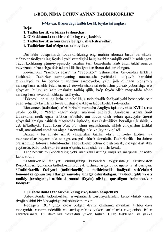 balari, ommaviy axborot vositalari, aloqa vositalari; · ekspert byurolari, sertifikat markazlari, bojxonalar, soliq nazorati tashkilotlari, arbitrajlar va x.k. 5 tadbirkorlik uchun huquqiy kafolatning mavjudligi, ya`ni tadbirkorlikni himoyalovchi qonunchilikning mavjudligi. 6 yangi korxonalarga kadrlar tayyorlash, kredit olish, soliq to’lash, tabiiy boyliklardan foydalanish bo’yicha davlat tomonidan berilgan imtiyozlar va x.k. 4.tadbirkorlikni o’ziga xos tamoyillari. biznesni muvaffaqiyatli olib borishga ko’maklashuvchi tadbirkorlikning asosiy tamoyillari quyidagilardan iborat: 1. mulk sohibi bo’lish. tadbirkorlar resurslar yoki mahsulotlarning egasi bo’lishi kerak. ular o’z mulkiga tayanib yoki o’zga mulkini ijaraga olib ishlaydi. 2. foyda olishga intilish. tadbirkorning boyishdan iborat iqtisodiy maifaati bo’lib, unga foyda olish orqali erishiladi. 3. iqtisodiy erkinlik. tadbirkor bozorga qarab nimani, qancha, qanday texnologiyada ishlab chiqarishni, yaratilgan tovarni kimga, qachon va necha pulga sotishni, qaysi bank bilan aloqa qilishni, o’ziga sherik topishni, xullas, har qanday iqtisodiy faoliyatni hech bir toifasiz, o’z bilganicha amalga oshiradi. 4.iqtisodiy mas`uliyat. tadbirkor mas`uliyatni o’z zimmasiga olib, ko’rgan foyda-zarariga o’zi javob beradi. …