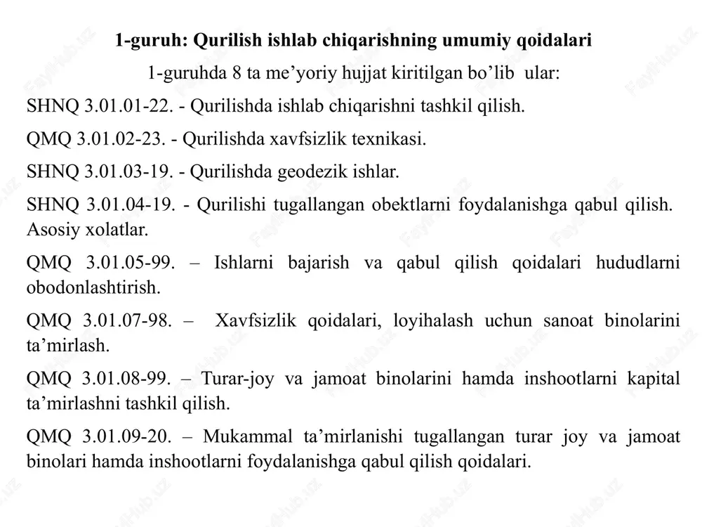 lgan tartibda tasdiqlangan bosh rejaga mos kelishi lozim. 2.4. maydoni 2 ga va undan yuqori bo'lgan qurilish hududida maydonning qarama-qarshi tomonidan kamida ikkita kirish joyi bo'lishi lozim. yo'llar yilning istalgan vaqtida yong'in xavfsizligi avtomobillarining o'tishi uchun qattiq qoplamaga va 6 metrdan kam bo'lmagan kenglikka ega bo'lishi zarur. kuyidagi yangi bandlar yaratildi: mazkur bo'limning 2.2; 2.3 va 2.4 yangi kiritilayotgan bandlari o'zbekiston respublikasi favqulodda vaziyatlar vazirligi takliflariga asosan, qurilish boshlanishidan oldin, yong'in sabablarini keltirib chiqaruvchi barcha xavfli bino va inshootlar buzilishi kerakligi aytilgan, omborxona va yordamchi bino va inshootlarning joylashishi yong'in xavfsizligi talablariga to'liq javob berishi kerakligi belgilangan. 2ga ega va unda ortiq qurilish maydonchasining qarama-qarshi ikki tomonida yong'inga qarshi mashinalar kiradigan kirish darvozalari o'rnatilishi zarurligi belgilandi. kiritilgan talablarga asosan, belgilangan qurilish maydonchasining yong'inga qarshi talablari bajariladi 2.2; 2.3 va 2.4 bandlarni yaratishdan maqsad: 2.4 bandiga asosan 2.3 va 2.4 bandlariga asosan mazkur bo'limning 2.13 bandida qurilish maydonida va ish joylarida, …