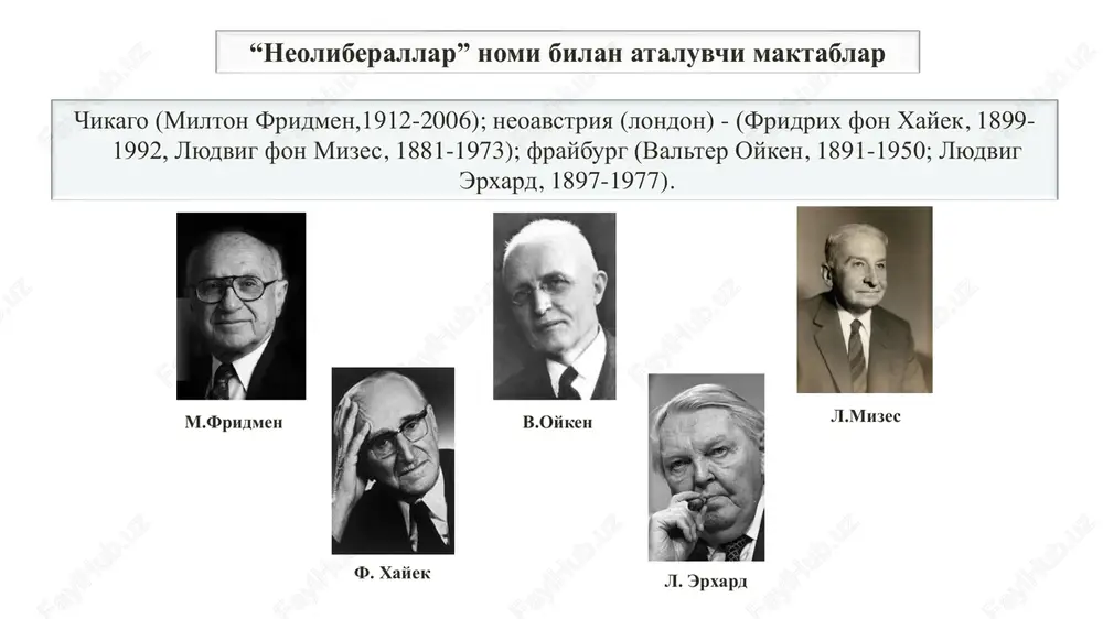 ity, m - money) bog‘laydi. laffer egri chizig'i – soliq tushumlari va soliq stavkalari dinamikasi o'rtasidagi o'zaro bog'liqlikning grafikda ifodalanishi t 𝑡0 𝑡1 𝑡∗ 𝑡2 𝑡𝑚𝑎𝑥 t1 tmax 𝐓 laffer egri chizig'i artur laffer 1940 laffer kontseptsiyasi soliqqa tortishning optimal darajasi mavjudligini nazarda tutadi. bunda soliq tushumlarining maksimal miqdori ta'minlanishi mumkin. r. reygan va m. tetcher maslahatchisi. a.pinochet taklifiga ko'ra chilida neoliberal islohotlarni amalga oshirgan «chikago yigitlari»dan biri •y o‘qi: soliq daromadi (davlatga tushadigan tushumlar). •x o‘qi: soliq stavkasi (%). 1.moviy nuqta (20% soliq): soliq darajasi past bo‘lsa, davlatning soliq tushumlari past. bu past foizli siyosatga mos keladi. 2.qizil nuqta (optimal soliq stavkasi, taxminan 40%): bu daraja davlat uchun maksimal soliq tushumlarini ta'minlaydi. bu soliq siyosatining optimal nuqtasi. 3.yashil nuqta (80% soliq): soliq darajasi juda yuqori bo‘lganda, davlat daromadlari kamayadi, chunki subyektlar soliqlarni to‘lashdan qochadi yoki iqtisodiy faollik pasayadi. ushbu egri davlatlarga soliq stavkalarini belgilashda yordam beradi, chunki ular soliq …