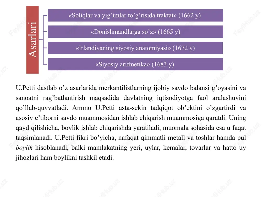 ko'p qismini parijda o'tkazgan savdogar bankir ekanligi haqida ma’lum.  richard kantellion kasbi : iqtisodchi,bankir. tug’ulgan yili: 1680 (taxminiy ma’lumot ). tug’ulgan joyi : bellixeyg,irlandiya o’lgan yili : 14 may 1734 yil. o’lgan joyi: london,angliya asosiy asari : « savdo tabiati haqidagi ocherk».  «savdo tabiati haqidagi ocherk» kitob 1755 yilda londonda frantsuz tilida nashr etilgan. kantillon o'zining asarida boylik va uning taqsimoti haqida fikr yuritadi, aholi nazariyasi va pul muomalasi nazariyasini batafsil bayon qiladi, ayniqsa tadbirkorlarning ustun rolini ta'kidlaydi.  adam smit (1723–1790) shotlandiyaning kerkoldi shahrida bojxona amaldori oilasida dunyoga keldi. u glazgo va oksford universitetlarida ta’lim oldi, bu yerda adabiyot, tarix, falsafa fanlari bilan birga fizika, matematikani ham o’rgandi. a.smit 1748 yilda edinburgda ommaviy lektsiyalar o’qiy boshladi, 1751 yilda glazgo universitetining professori etib tayinlandi. keyinchalik ijtimoiy fanlar kafedrasini boshqardi. a.smit 1759 yilda o’zining 1- «axloqiy hissiyot nazariyasi» kitobini yaratdi. 1764 yili a.smit hayotida keskin o’zgarish bo’ldi: u kafedrani …