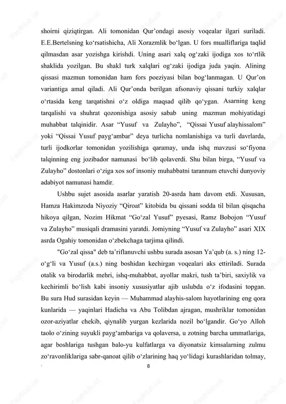 jib uslubda o‘z ifodasini topgan. bu sura hud surasidan keyin — muhammad alayhis-salom hayotlarining eng qora kunlarida — yaqinlari hadicha va abu tolibdan ajragan, mushriklar tomonidan ozor-aziyatlar chekib, qiynalib yurgan kezlarida nozil bo‘lgandir. go‘yo alloh taolo o‘zining suyukli payg‘ambariga va qolaversa, u zotning barcha ummatlariga, agar boshlariga tushgan balo-yu kulfatlarga va diyonatsiz kimsalarning zulmu zo‘ravonliklariga sabr-qanoat qilib o‘zlarining haq yo‘lidagi kurashlaridan tolmay, https://uz.wikipedia.org/w/index.php?title=suf&action=edit&redlink=1 https://uz.wikipedia.org/w/index.php?title=suf&action=edit&redlink=1 https://uz.wikipedia.org/w/index.php?title=suf&action=edit&redlink=1 9` allohning dinidan qolmay sobitqadam bo‘lsalar, parvardigori olam ularni zulmatlardan va tanglikdan xalos qilib, nurli, baxt- saodatli kunlarga yetkazajagini uqtirayotgandek. bu suraning nazmu uslubida o‘zgacha latofat, ayricha joziba mavjudki, islom olamidagi eng buyuk qalam ahllari undan mutaassir bo‘lib, she’r- u dostonlar bitganlar, ulamolar esa bu sura xususida jild-jild kitoblar tasnif etganlar. shunday asarlardan birida “yusuf surasi jannat ahllari jannatda ham rohat bilan tilovat qilib yuradigan suralardandir”, deyilgan bo‘lsa, yana birida: “har qanday g‘am-tashvishga botgan mahzun kishi yusuf surasini eshitishi bilan orom- osoyish topur”, deyiladi. qur’oni …