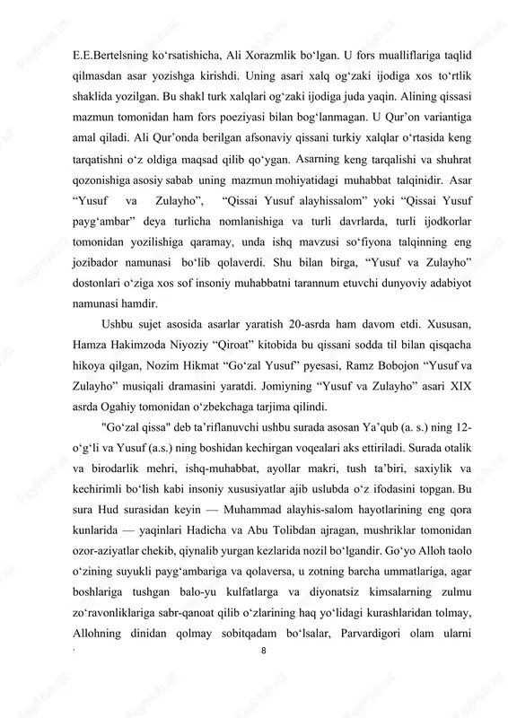 bariga va qolaversa, u zotning barcha ummatlariga, agar boshlariga tushgan balo-yu kulfatlarga va diyonatsiz kimsalarning zulmu zo‘ravonliklariga sabr-qanoat qilib o‘zlarining haq yo‘lidagi kurashlaridan tolmay, allohning dinidan qolmay sobitqadam bo‘lsalar, parvardigori olam ularni https://uz.wikipedia.org/w/index.php?title=suf&action=edit&redlink=1 https://uz.wikipedia.org/w/index.php?title=suf&action=edit&redlink=1 https://uz.wikipedia.org/w/index.php?title=suf&action=edit&redlink=1 9` zulmatlardan va tanglikdan xalos qilib, nurli, baxt- saodatli kunlarga yetkazajagini uqtirayotgandek. bu suraning nazmu uslubida o‘zgacha latofat, ayricha joziba mavjudki, islom olamidagi eng buyuk qalam ahllari undan mutaassir bo‘lib, she’r-u dostonlar bitganlar, ulamolar esa bu sura xususida jild-jild kitoblar tasnif etganlar. shunday asarlardan birida “yusuf surasi jannat ahllari jannatda ham rohat bilan tilovat qilib yuradigan suralardandir”, deyilgan bo‘lsa, yana birida: “har qanday g‘am-tashvishga botgan mahzun kishi yusuf surasini eshitishi bilan orom-osoyish topur”, deyiladi. qur’oni karimda qissalarning go‘zali deb atalgan yusuf qissasi juda qadimiy sujetlardan biri bo‘lib, u dastlab muso alayhissalomga nozil qilingan tavrotning birinchi kitobiga, keyin iso alayhissalom ta’limotini o‘z ichiga olgan injilga kiritilgan. rivoyatlarga ko‘ra, chahoryorlardan hazrati umar bilan yetti yahudiy o‘rtasida bahs …