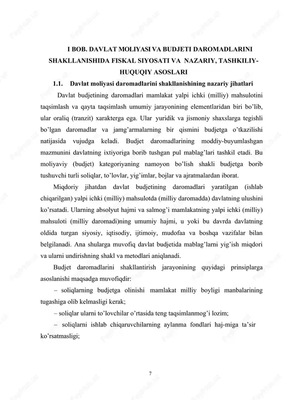 i budjetga undirish metodlariga muvofiq klassifikatsiya qilinishi mumkin. davlat budjetining daromadlari o’z manbalariga ko’ra quyidagi guruhlarga bo’linadi: soliqli daromadlar; 12 soliqsiz daromadlar; tiklanmaydigan (qaytarilmaydigan) tarzda o’tkaziladigan pul mablag’lari. 3 malikov t. s., vahobov d.r. moliya: chizmalarda. o’quv qo’llanma. – t.: “iqtisod-moliya”, 2010. – 660 bet. 13 budjetning soliqli daromadlari tarkibi mamlakat soliq qonunchiligiga muvofiq umumdavlat soliqlari va yig’imlari, mahalliy soliqlar va yig’imlar, bojxona bojlari, boj yig’imlari va boshqa boj to’lovlari, davlat boji, penya va jarimalardan iborat. soliqsiz daromadlar tarkibiga quyidagilar kiradi: davlat mulkidan foydalanish tufayli olingan daromadlar (soliqlar va yig’imlar to’g’risidagi qonunchilikka muvofiq to’langan soliq va yig’imlardan so’ng); budjet tashkilotlari tomonidan ko’rsatilgan to’lovli xizmatlardan kelgan daromadlar (soliqlar va yig’imlar to’g’risidagi qonunchilikka muvofiq to’langan soliq va yig’imlardan so’ng); fuqarolik-huquqiy, ma’muriy va jinoiy choralarni qo’llash na-tijasida olingan mablag’lar, jumladan, jarimalar, musodaralar, tovon to’lashlar va davlat sub’ektlariga etkazilgan zararlarni tiklash bo’yicha olingan mablag’lar hamda majburiy undirilgan boshqa mablag’lar; moliyaviy yordam ko’rinishidagi daromadlar (budjet …