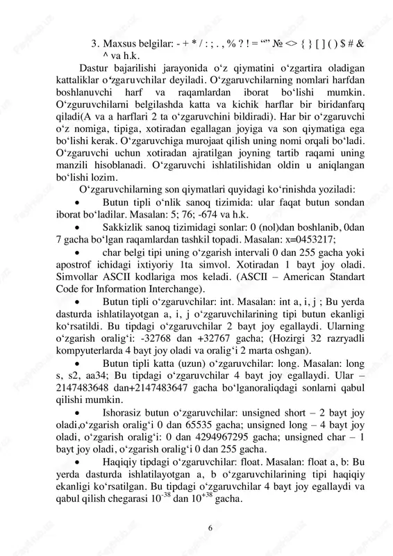 . bu funksiyadan chiqish uchun odatda return operatori ishlatiladi. 0 (nol) qiymatining qaytarilishi operasion tizimga ushbu dastur normal bajarilib turganini bildiradi. return orqali qaytadigan qiymat tipi funksiya eʻlonidagi qaytish tipi bilan bir xil boʻlishi kerak. masalan int main ( ) va 0 (nol) qiymat butun tiplidir. bu funksiyadan soʻng lokal oʻzgaruvchilar, qism dasturlar, ularning haqiqiy parametrlari eʻlon qilinadi. soʻngra dasturning asosiy operatorlari (kiritish/chiqarish, hisoblash va h.k.) yoziladi. agar bu operatorlar murakkab tipli boʻlsa, ularni alohida {} qavslarga olinadi. c++ tilida dastur kichik harflarda yoziladi. baʻzi operatorlar katta harflar bilan kelishi mumkin, bunday xollarda ular alohida aytib oʻtiladi. operatorlar oxiriga;belgisi qoʻyiladi. operatorlar bir qatorga ketma-ket yozilishi mumkin. dasturda izohlar ham kelishi mumkin, ular /* ....*/ belgisi orasiga olinadi. agar izoh bir qatorda tugasa, uni // belgisidan keyin yoziladi. masalan: main ( ) // c++ tilining asosiy funksiyasi tilda quyidagi amallardan foydalanish mumkin: arifmetik amallar: +, -, /, *, %. barcha amallar …
