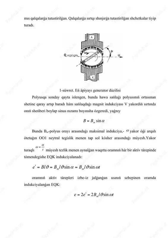 ik sıpatında 50÷60 hz isletiliwi tómendegilerge baylanıslı. jiylik 50÷60 hz den kishi mánislerınde elektr mashinalar hám transformatorlardıń ózine túser bahasi artadı. sonıń menen birge, elektr lampochkalar jaqtilıǵınıń lippillewi kózge sezilerli bolıp qaladı. jiylikti 50 hz ten anaǵurlım arttırıw elektr mashinalarda energiya ısırapı 2-súwret artıwına sebep bolıp, payda bolatuǵın ózlik indukciya eqk hám elektr sıyımlılıq hádiyseleri ózgermwli tok apparatlarınıń isine unamsız tásir etedi. 50 hz jiyliklı ózgermwli tokti payda etiw (yamasa sinusoidal ózgermeli eqk payda etiw) ushın 1 jup polyusli ózgermeli tok generatori (1-súwret) rotorin min3000 1 506060 ayl p f n    tezlik menen aylandırıw kerek boladi. bul jerde: 60 sekundtan minutqa ótiw koefficienti; r-rotor magnit maydaninń jup polyus sanı. rotori puw turbinalari járdeminde úlken tezlik menen aylanǵan turbogeneratordıń magnit polyusı bir jup boladı. rotoridiń aylanıw tezligi salıstırmali kishi bolǵan gidravlikalıq turbinalarda bolsa kóp polyuslı generatorlardan paydalanıladı. faza-qandayda bir t waqıtta stator oramları oramlarınıń rotorniń magnit kúsh oramlarına …