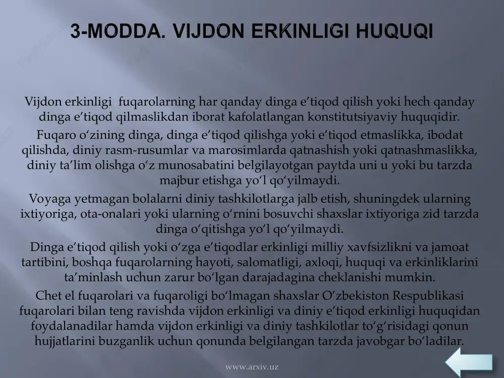 ganligi ustidan sudga shikoyat qilish mumkin. www.arxiv.uz www.arxiv.uz diniy tashkilotning faoliyati u o‘zini o‘zi tarqatib yuborganda yoki ushbu qonunning, shuningdek o’zbekiston respublikasi boshqa qonun hujjatlarining qoidalari buzilgan taqdirda tugatilishi mumkin. diniy tashkilot faoliyatini tugatish to‘g‘risidagi qaror uni ro‘yxatga olgan organ tomonidan qabul qilinadi. ushbu qaror ustidan sudga shikoyat qilinishi mumkin. www.arxiv.uz www.arxiv.uz diniy tashkilotlar ibodat qilish yoki diniy rasm-rusumlar o‘tkazish uchun qulay joylar tashkil etish va ularni saqlab turish, shuningdek ziyoratgohlarni saqlab turish huquqiga egadir. ibodat, diniy rasm-rusumlar va marosimlar diniy tashkilotlar joylashgan manzildagi ibodatxonalarda va ularga tegishli hududlarda, ziyoratgohlarda, qabristonlarda, zarur hollarda fuqarolarning ixtiyoriga binoan ularning uylarida o‘tkaziladi. kasalxonalarda, gospitallarda, keksalar va nogironlar uylarida, dastlabki qamoq va jazoni o‘tash joylarida ibodatlar va diniy rasm-rusumlar shu yerdagi fuqarolarning iltimoslariga binoan o‘tkaziladi. diniy marosim va ibodat binolaridan tashqarida o‘tkaziladigan ommaviy ibodatlar, diniy rasm-rusumlar va marosimlar o’zbekiston respublikasi qonun hujjatlarida belgilangan tartibda amalga oshiriladi. o’zbekiston respublikasi fuqarolarning (diniy tashkilotlarning xizmatidagilar bundan mustasno) …