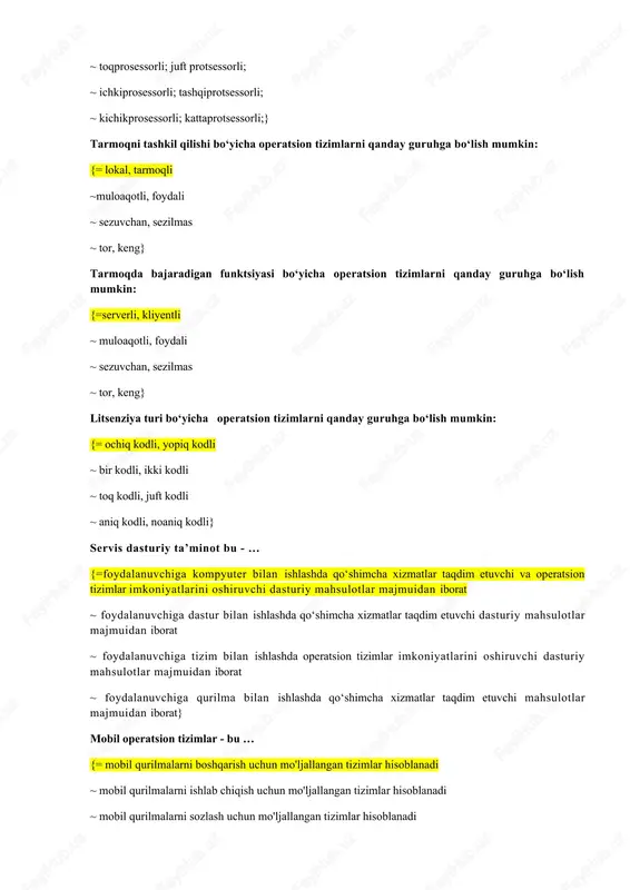 hlashda qo‘shimcha xizmatlar taqdim etuvchi mahsulotlar majmuidan iborat} mobil operatsion tizimlar - bu … {= mobil qurilmalarni boshqarish uchun mo'ljallangan tizimlar hisoblanadi ~ mobil qurilmalarni ishlab chiqish uchun mo'ljallangan tizimlar hisoblanadi ~ mobil qurilmalarni sozlash uchun mo'ljallangan tizimlar hisoblanadi ~ mobil qurilmalarni xavfsizligi uchun mo'ljallangan tizimlar hisoblanadi} windovs ish stolida bir necha oynalar bilan ishlash: {= alt+tab ~ ctrl+tab ~ alt+shift ~ ctrl+shift} qaysi buyruq vazifa menejerini (dispetcher zadach) ochadi? {=ctrl+alt+delete ~alt+f2 ~ctrl+shift ~alt+delete} skaner - komputerning qanday qurilmasi? {=kiritish qurilmasi ~qayta ishlash qurilmasi ~saqlash qurilmasi ~chiqarish qurilmasi} winrar arxivatorining vazifasi? {= ma’lumotlar hajmini siqish (kichiraytirish) ~ tasvir rangini ko’paytirish ~ matnni tahrirlash ~ rangli grafikani tasvirlash} papkalar nimalarni o'z ichiga olishi mumkin? {=papka va fayllar ~faqat fayllar ~faqat papkalar ~ tasvir va matnlar} komputerning qayi uskunasi rasm va videolarni qayta ishlab beradi? {=video karta ~markaziy protsessor ~operativ xotira ~ekran} komputer ekranidagi ma’lumotlarni screenshot qilish uchun qaysi tugmadan foydalaniladi? {= …