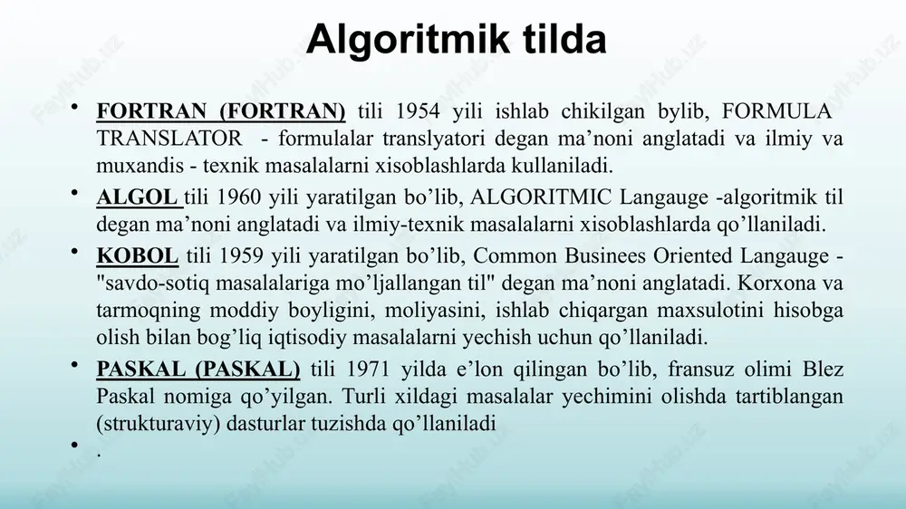 harakat turlarini (salta olish, qarsak chalish, o‘ngga yoki chapga harakatlanishi, ularning yuzlarida emotsional o‘zgarishlarni, ma’lum bir so‘zlarni gapirishlari va hakazo) bajartirish mumkin. dasturning bunday imkoniyati o‘quvchining darsdan zerikishining, e’tibori pasayishining oldini oladi. barcha hisoblash jarayonlarini uchta sinfga ajratish mumkin bo`ladi: chizig`li tarmoqlangan davriy (tsiklik). 1.ch i z i q l i h i s o b l a sh j a r a yo n i. hisoblash jarayonlarining shunday turiga chiziqli deb aytiladiki, unda hisoblashning barcha bosqichlari qog`ozda yozilganidek chizig`li ketma-ketlik ko`rinishida bajariladi. bunda hisoblashlarning yo`nalishi birlamchi ma’lumot yoki oraliq natijalarga bog`liq bo`lmaydi. quyidagi ifodani hisoblashning blok-chizmasini tuzing. boshlandi kiritish x, s d = x2 + c e =  x + c a = d/e chiqarish d, e, a tamom birinchi blokda o`zgaruvchilar x, s kiritish ko`rsatilgan, chunki ular birlamchi ma’lumotlar bo`lib xizmat qiladi. 2,3,4 bloklarda hisoblashlar bajarilgandan so`ng d,e,a qiymatlari olinib, 5 blokning bajarilish jarayonida chiqariladi. 31 tarmoqlanuvchi …