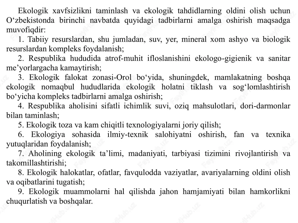 orlikni yanada rivojlantirish maqsadga muvofiqdir. markaziy osiyoda «orolni qutqarish xalqaro fondi», markaziy osiyo mintaqaviy ekologik markazi va boshqa tashkilotlar faoliyat olib bormoqda. orolbo‘yi aholisini sifatli ichimlik suvi bilan taminlash, ularga tibbiy yordam ko‘rsatish hamkorlikning asosiy masalalaridan hisoblanadi. 6.1. ifloslantiruvchi taksonomiya atmosferada havo doimo aralashib turganligi tufayli uning kimyoviy tarkibi sayyoramizning hamma joyida, asosan, bir xildir. atmosfera o‘zining hajmi bo‘yicha yer sayyorasining qolgan qismlaridan bir necha marta katta bo‘lishiga qaramay, uning massasi yer massasidan 0,000001 ga yaqin qismini tashkil etadi, xolos. atmosferaning yuqori chegarasi deb, shartli ravishda yerning tortish kuchi bilan sayyoraning aylanishi evaziga markazdan intilish kuchi muvofiqlashgan joyi qabul qilingan. bu sathda atmosfera bilan yerning o‘zaro bog‘lanishi yo‘qoladi. hisob-kitoblarga ko‘ra, bu sath ellipsoid yuzaga ega bo‘lib, ekvatorda 42, qutblarda 48 ming km uzoqlikda joylashgan. shunga qaramasdan, atmosferaning deyarli barcha massasi (99 %dan ortig‘i) uning quyi qatlamiga – troposfera va stratosferaga to‘g‘ri keladi. atmosfera balandligi ortishi bilan uning tarkibiy qismi, zichligi, …