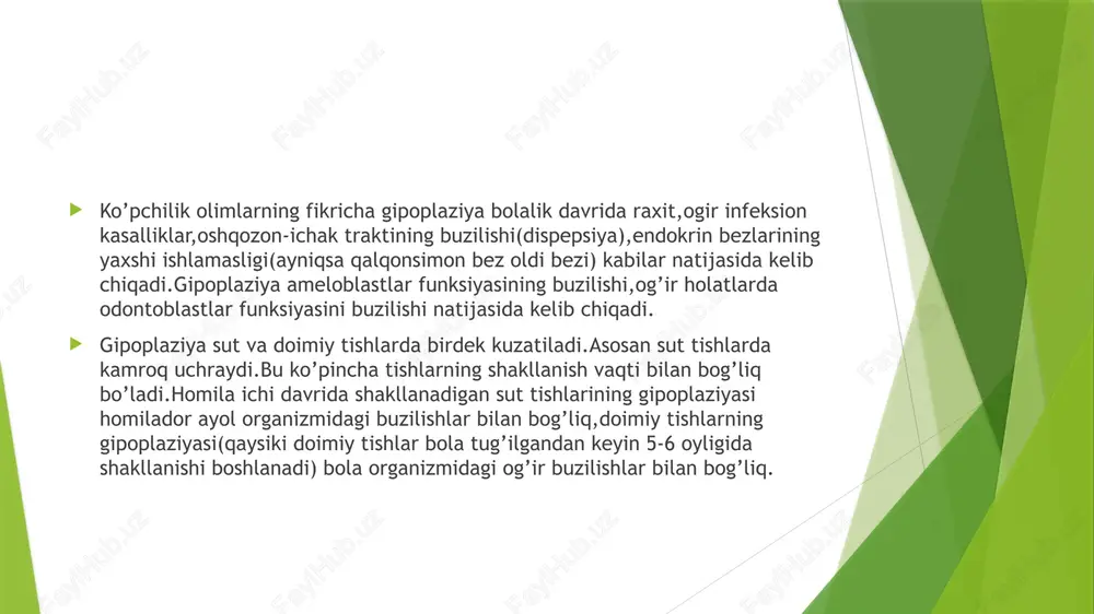 amoyon bo’lmaydi.ba’zilarda esa umuman uchramsligi mumkin.bu degani hammaning organizmi ftorning ortiqcha qabul qilinishiga har xil reaksiya bildiradi.ftor fermentativ zaxar bo’lib,uzoq vaqt qabul qilganda fosfatazaning aktivligini pasaytirib,emalning minerallashishini buzadi. klinik shakli.flyuoroz bilan bolalarning doimiy tishlari ko’proq og’riydi( endemik o’choqda tug’ilgandan beri yashaydigan yoki 3-4 yoshgacha bo’lgan paytida ko’chib borgan).ftorning miqdori ozgina oshib ketsa faqat kurak tishlari, ko’proq oshganda esa qolgan tishlar ham zararlanadi.normada ftorning miqdori 1mg/l ni tashkil etishi kerak.agar suvda 1-1.5mg/l miqdorda bo’lsa 30% aholida, 1,5-2mg/l bo’lganda esa 40% aholida, 2-3mg/l bo’lganda esa 80-90% aholida uchraydi.kattalarda uzoq vaqt davomida ftor ko’p bo’lgan suvni iste’mol qilinishi shakllangan tish emalida hech qanday o’zgarishlarga olib kelmaydi.agar ftorning miqdori 6mg/l bo’lsa, unda shakllangan tish emalida ham o’zgarish ketishi mumkin. issiq iqlimli mamlakatlarda suvdagi ftorning miqdori 0,5-0,7mg/l bo’lganda ham flyuoroz kelib chiqishi mumkin.bu organizmga suvning ko’p miqdorda va tez-tez kirishi bilan bog’liq. kechishiga ko’ra: shtrixsimon,dog’simon,bo’rsimon-krapchatiy,eroziv,destruktiv shakllari farqlanadi.birinchi 3 shakli tish to’qimasini yo’qotilmasligi,eroziv va destruktiv tish …