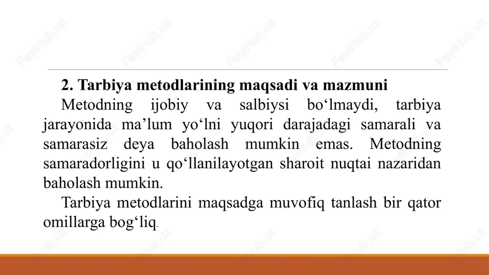 igidir. mashq qilish oʻrgatish bilan yaqin aloqada boʻladi. agar oʻrgatib borish negizida bolaning faoliyat jarayonini egallashi yotsa, u holda mashq qilish faoliyati shaxs uchun alohida ahamiyat kasb etadi. mashqlantirish oʻrgatib borishga suyangan holda koʻp bora takrorlashni, mustahkamlashni va takomillashtirib borishni nazorat qiladi, bular esa bora-bora ijtimoiy xulq-atvorning asosi boʻlib qoladi. tarbiyaviy amaliyotda koʻpincha maxsus pedagogik vaziyatlarni yuzaga keltirish zaruriyati tugʻiladi, bunda mustaqil tanlash uchun imkon boʻladi. pedagogik vaziyatlarda oʻquvchilar oʻz fikri va xulq-atvorini qayta oʻzgartirishi lozim boʻlgan sharoit yaratiladi. ikkinchi guruh metodlari orasida musobaqa oʻquvchilar amaliy faoliyatlarini tashkil qilish metodlari samaradorligini oshirishning zarur va muhim sifati hisoblanadi. musobaqa faoliyatining barcha sohalarida oʻquvchilarning faolligi va ijodkorligini rivojlantirishga, oʻquvchilar jamoasi faoliyatini muayyan maqsadga yoʻnaltirishga koʻmaklashadi. musobaqa toʻgʻri tashkil qilinganda jamoa hissi muvaffaqiyatli shakllanadi, intizom va oʻquvchilarning uyushqoqligi mustahkamlanadi. musobaqaning alohida turi boʻyicha, shuningdek, tizimli tarzda ham uyushtiriladi: chunonchi, eng yaxshi sinf, eng yaxshi guruh, eng yaxshi jamoa, eng yaxshi maktab va h.k. …