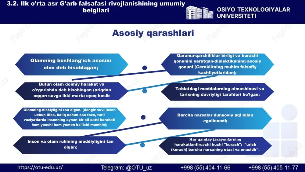 arshisi (mutlaq yomonlik) mavjud emas. xususiyatlari falsafiy-naziriy izlanishlardan tashqari, megarliklar faol amaliy faoliyat olib borganlar (aniqrog'i sofistika bilan shug'ullanganlar) va "bahslovchi" deb nom olganlar. megar maktabi vakillari (evbulid, ya'ni paradokslarni) aporiyalarning muallifi bo'lganlar, (sofizm bilan qorishtirmaslik kerak). -"uyum" va "kal" aporiyasi yordamida son o'zgarishlarining sifat o'zgarishlariga o'tishi dialektikasini tushunishga harakat qilganlar «uyum aporiyasi" agar erga don tashlansa va uning yoniga bittadan don tashlanib borilsa, unda qaysi vaziyatda bu erda uyum hosil bo'ladi? donlar yig'indisi unga bitta don qo'shilishi bilan uyumga aylana oladimi? "kal aporiyasi", agar odam boshidan bittadan soch tolasi tusha boshlasa unda qachondan u kal bo'ladi? insonni kal bo'lishiga olib keluvchi konkret soch tolasini aniqlash mumkinmi? 3.4.yangi davr g'arb falsafasidagi asosiy muammolar. xviii asr yevropa falsafasining ma'rifiy xususiyatlari atomistlar – ushbu falsafa maktabi namoyondalari (demokrit, levkipp) olamning boshlang'ich asosi mayda zarrachalar - atomlardir deb hisoblaganlar. (falsafada demokrit yo'nalishi platonning yo'nalishiga qarama - qarshidir). sof (tanasiz) g'oyalar haqiqiy, abadiy va …