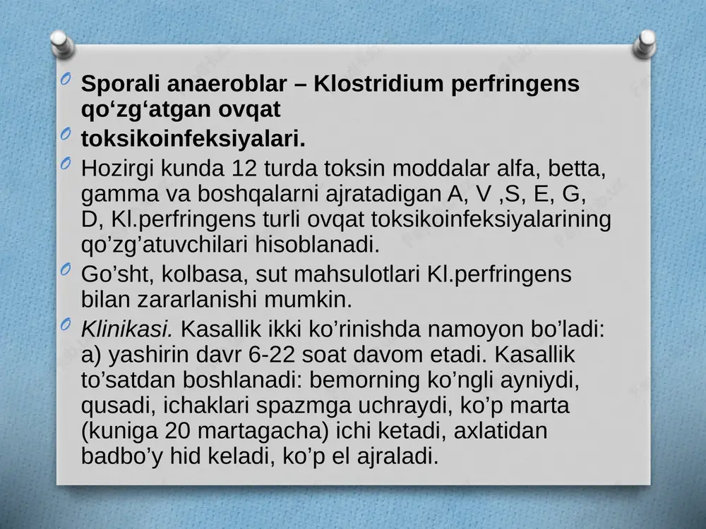 harlanishning birinchi belgilari paydo bo'lgandan boshlab organizmdan bakteriyalar va zaharlarni yo'q qilishgacha davom etadi. toksikogen davr bolada ma'lum toksik infektsiya yoki zaharga xos bo'lgan oziq-ovqat zaharlanishining keng belgilari bilan namoyon bo'ladi. rekonvalessensiya bosqichi - buzilgan funksiyalarni tiklash (hazm qilish, chiqarish, immun va boshqalar). ovqatdan zaharlanishda shikoyat belgilar: ko’ngil aynishi qusish qorin sohasida og’riq ich ketishi tana harorat ko’tarilishi umumiy holsizlik dori va ovqat moddalaridan zaharlanishda tibbiy yordam. tezlik bilan bemorni shifoxonaga jo`natishning iloji bo`lmasa, ya`ni masofa uzoq bo`lsa yoki mashina bo`lmasa, quyidagicha birinchi tibbiy yordam ko`rsatiladi: - me`da yuviladi; - me`dani yuvish zondsiz va zond yordamida bajariladi; - zondsiz usul, asosan katta yoshli bolalar, o`smirlar, katta odamlarda va bemorning ahvoli og`ir bo`lmagan hollarda qo`llanadi.bemorga iliq, qaynagan suv yoki gazsiz mineral suv ichirilib, tilining orqasini barmoq yoki temir qoshiq dastasi bilan bosilib qustiriladi, so`ngra, yana suv ichiriladi. bu bir necha marta, ya`ni me`dadan toza suv qaytib chiqquncha takrorlanadi. me’dani zond yordamida …