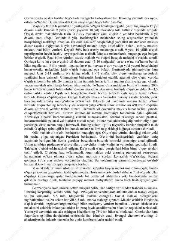 qichga bo‘linadi: 1-bosqichi turar joyda o‘tkaziladi: buning uchun abiturientlar yapon, eski yapon tili, matematika, fizika, ximiya, jamiyatshunoslik, tarix bo‘yicha test sinovlaridan o‘tadilar. bu sinovlardan o‘tgan o‘quvchilar universitetlarga yo‘llanma olib qayta sinovdan o‘tadilar. xususiy universitetlarga esa to‘g‘ridan-to‘g‘ri test topshiriladi. bir qator xususiy universitetlar o‘zining uzluksiz shaxobchasiga esa (bog‘chadan boshlab hamma bosqichlarni qamrab oladi). universitetdan talabalarni haydab yuborish mumkin emas. lekin o‘qish muddatini cho‘zish mumkin (4 -yillik o‘qish 5-6 -yilgacha cho‘zilib ketishi mumkin). kollejlar: kichik kollej, texnik kollej va maxsus kollejlarga bo‘linadi. uni bitirgan talabalar bakalavr diplomini olib universitetning 3 yoki 4 kurslariga qabul qilinadi. 2. janubiy korea, fransiya, germaniya, mamalakatlarda ta’lim tarbiya tizimi, mazmuni va rivojlanishi. janubiy koreyada ta’lim tizimi janubiy koreyada ta’lim haqidagi qonun 1948 -yili qabul qilingan. ta’lim tizimiga asos qilib an’anaviy g‘arb modeli olingan: 6 yil - quyi maktab, 3 yil - o‘rta, yana 3 yil - oliy maktab; so‘ngra to‘rt yillik kollej va bakalavr unvoni beriladi; tanlangan …