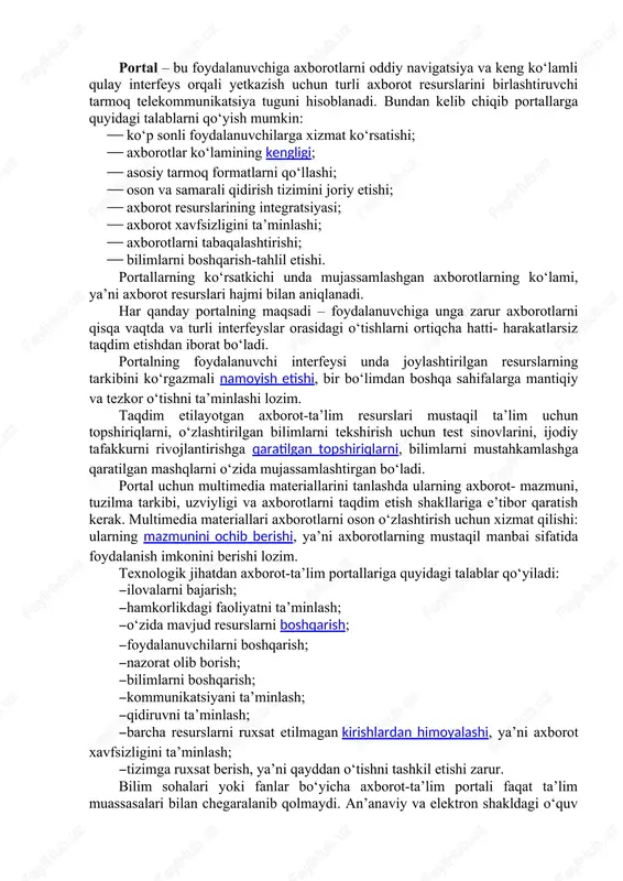 al dasturlar - o‘qituvchi ishtirokidagi virtual o‘quv muhitini shakllantiruvchi dasturlar. pedagogik dasturiy vositalar yaratishga qo‘yiladigan talablar. didaktik talablar: · ilmiylik, tushunarli, qat’iy va tizimli bayon etilishi; · uzluksizlik va yaxlitlik; · izchillik, muammolilik, ko‘rgazmalilik; · muloqotning interfaolliligi; · o‘qitish, tarbiyalash, rivojlantirish va amaliyotning yaxlit birligi. metodik talablar: · aniq o‘quv fanining o‘ziga xos xususiyatlari; · ma’lum bir faning o‘ziga xosligi; · axborotni zamonaviy metodlari o‘zaro bog‘liqliligi; · o‘zaro aloqadorliligi, turli-tumanligi; · amalga oshirilishi. psixologik talablar: · idrok etish; · tafakkur, diqqati, motivatsiya, xotira; · tasavvuri, yoshi va individual psixologik xususiyatlari. texnik talablar: · zamonaviy universal shaxsiy kompyuterlar; · tashqi qurilmalari; · test o‘tkaziladigan manbalar. tarmoq talablari: · “mijoz-server” arxitekturasi; · internet-navigatorlar; · tarmoq operatsion tizimlari; · telekommunikatsiya; · boshqaruv vositalari. maxsus talablar: · interfaollik; · maqsadga yo‘nalganlik; · mustaqillik va moslashuvchanlik; · audiolashtirish; · ko‘rgazmalilik; · kirish nazorati; · intellektual rivojlanish; · differensiatsiyalash; · ochiqlik; · qayta aloqa; · ishonchlilik. …