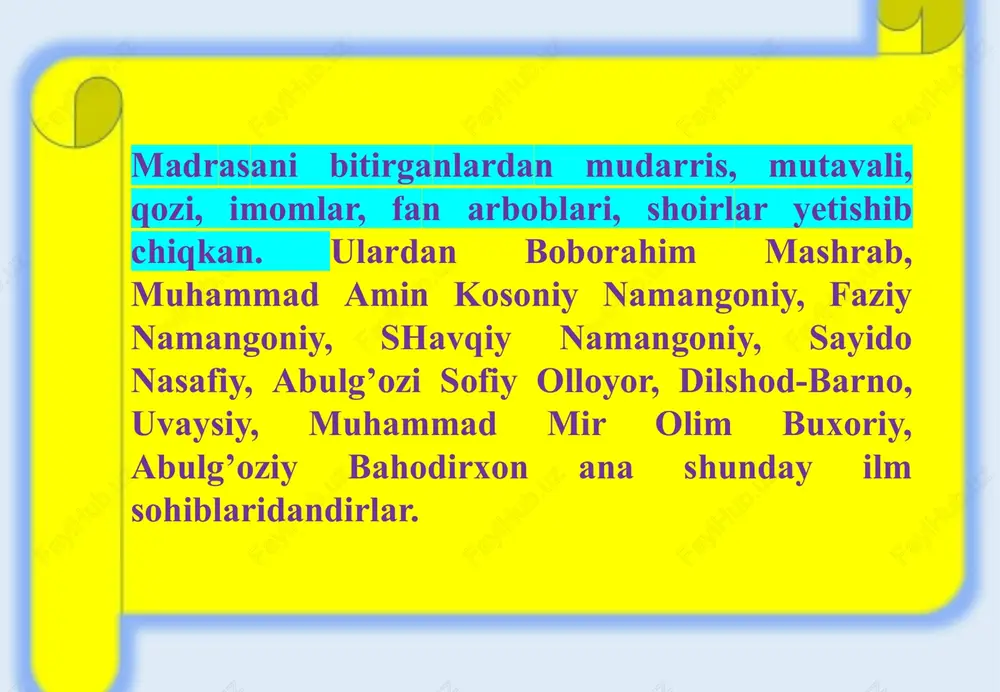 pchiligi diniy ta’lim beruvchi eng oddiy boshlang’ich maktablar edi. bunday maktabda machitlarning imomlari, savodxon mullalar dars berardilar. maktablarda o’qitish eng oddiy diniy vazifalarni o’rgatish bilan, ya’ni arab tilida yozilgan qur’onni o’qishni o’rgatish, har bir musulmon uchun zarur bo’lgan asosiy vazifalarni bildirish bilan cheklanardi. shahar maktablarida o’quvchilar soni 20-30 taga qishloq joylarida esa 10-15 taga etar edi. o’qishga 6 yoshdan qabul qilinib, o’zlashtirishga qarab 17-18 yoshlarigacha davom etardi. maktabda o’g’il bolalarni “domla” deb ataluvchi o’qituvchi (odatda machitlar imomlari) dars berganlar. qizlarni esa savodxon ayollar (toshkentda otinbibi, buxoroda bibixalifa yoki bibiotin, xivada - edtibibi) dars berishgan. savod chiqarishda harflarni xijjalash (arabchada hijo – bo’g’in) usulidan foydalanilgan. 18 savod chiqarish uch bosqichda: i bosqichda arab alfavitidagi harflarni yodolishdan boshlangan. undan keyin kalimai shaodat yod olingan. bunday o’quvchilarni odatda taxtaxonlar deb atalgan. ii boqichda so’zlar ichida qo’yiladigan diakritik belgilar (zer-zabar arabcha harakat) o’rgatilgan. iii boqichda xaftiyak(qur’onning ettidan biri) o’rgatilgan. «chor kitob» 4 bo’limdan iborat …