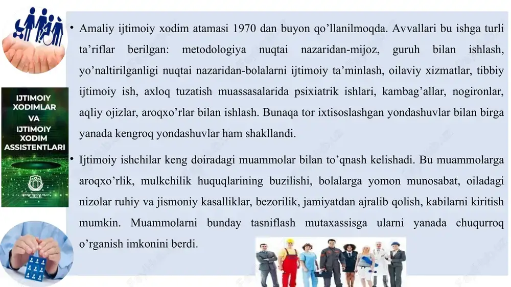g faol ishtirokchisi sifatida shakllantirish, o’z ijtimoiy mansubligi va o’rnini anglash, o’ziga baho berishni shakllantirish. ijtimoiylashuv vositalari. inson ijtimoiylashuvi u yoki bu jamiyat ijtimoiy qatlamlariga xos bo’lgan universal vositalar orqali amalga oshiriladi, ularga: go’dakni emizish va g’amxo’rlik qilish usullari, maishiy va gigienik yurish-turish qoidalari, insonni o’rab turuvchi moddiy madaniyat mahsulotlari, ma’naviy madaniyat unsurlari(alladan boshlab ertaklargacha), muomala usuli va mazmuni, shuningdek oilada jazolash va mukofotlash uslublari, insonning hayotiy faoliyatidagi ko’p sonli munosabatlari-muloqot, o’yinlar, ma’naviy-amaliy faoliyati, sport bilan shug’ullanishi kiradi. bolaning me’yorida rivojlanishining eng muhim shartlaridan biri muloqot. muloqot va faoliyatning yetakchi turlariga nisbatan quyidagi yosh davrlari qo’llaniladi: • go’daklik davri-bevosita hissiy-ruhiy; • go’daklikdan keyingi davr-predmetli faoliyat; • maktabgacha davr-rolli o’yinlar; • ilk maktab davri-o’quv faoliyati; • o’smirlik davri-kasb ta’limi faoliyati; • o’spirinlik davri-shaxsiy muloqot faoliyati. ijtimoiylashuv agentlari. insonning voyaga yetishida, uning shakllanish jarayonida, u bevosita munosabatda bo’lgan kishilar muhim o’rin tutishadi. ularni ijtimoiy pedagogikaga oid adabiyotlarda ijtimoiylashuv agentlari deb ham nomlanadi. …