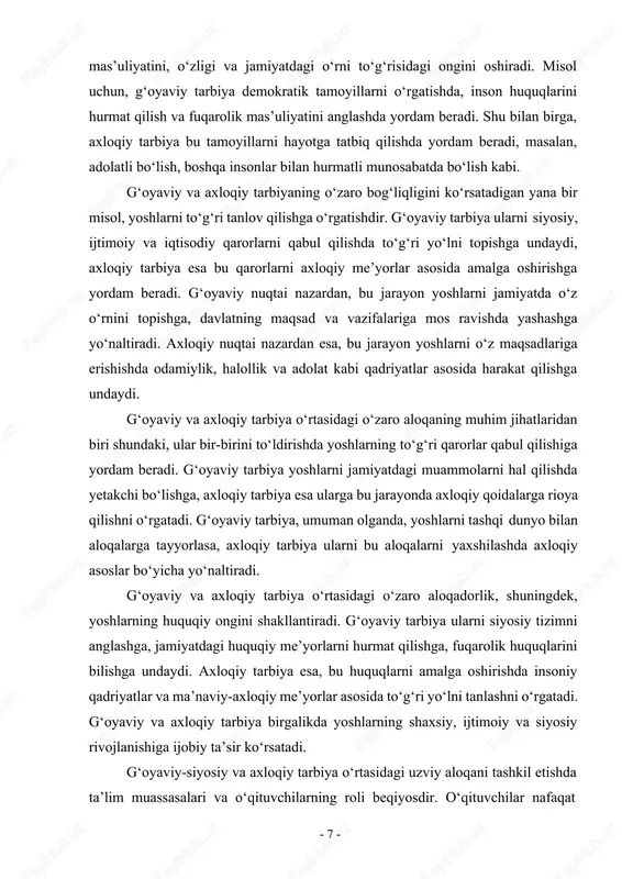 a amalga oshiriladi. g‘oyaviy-siyosiy tarbiyaning shakllanishiga ta’sir qiluvchi asosiy omillar bir-biri bilan o‘zaro chambarchas bog‘liq bo‘lib, yoshlarni mustahkam g‘oyaviy-siyosiy pozitsiyaga ega fuqarolar sifatida tarbiyalashda hal qiluvchi ahamiyatga ega. ta’lim tizimi - g‘oyaviy-siyosiy tarbiyaning shakllanishida muhim rol o‘ynaydi. ta’lim muassasalari yoshlarni siyosiy, ijtimoiy va axloqiy qadriyatlar bilan tanishtirishda, ularning dunyoqarashlarini rivojlantirishda asosiy rolni bajaradi. darsliklar, o‘qituvchilar va ta’lim metodlari yoshlarning g‘oyaviy-siyosiy fikrlashini shakllantiradi. o‘qituvchilar va pedagoglar g‘oyaviy-siyosiy ta’lim berish jarayonida davlatning siyosiy tizimi, uning tamoyillari, qonunlari va inson huquqlari kabi mavzularni o‘rgatib, o‘quvchilarning jamiyatga nisbatan ongli va faol fuqarolar bo‘lib o‘sishiga yordam beradi. oilaviy tarbiya - g‘oyaviy-siyosiy tarbiyaning shakllanishiga ta’sir qiluvchi yana bir muhim omildir. oila – bu shaxsning ilk tarbiya o‘zgarmalari boshlanadigan va o‘zining birinchi siyosiy qarashlarini shakllantiradigan muhitdir. oila ichidagi muhit, ota-ona tomonidan o‘rgatilgan qadriyatlar, siyosiy masalalarga bo‘lgan munosabatlar, vatanparvarlik va fuqarolik mas’uliyatiga oid g‘oyalar yoshlarni siyosiy ongini shakllantirishda muhim ahamiyat kasb etadi. ota-ona va boshqa oila a’zolarining siyosiy …