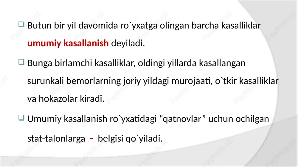 tida aniqlash va davolash. aholiga kerakli davolash - sog`lomlashtirish yordamini ko`rsatish, ularni dispanserizasiyadan o`tkazish; ambulatoriya va poliklinikalarning moddiy texnik bazasini mustahkamlash; dispanser ishlarini amalga oshirish uchun shanba kunlaridan keng foydalanish; aholiga dam olish va bayram kunlari kerakli tibbiy yordamni olish imkoniyatini yaratish; shifokorlik maslahat komissiyasining ishini ertalabki va kechqurungi soatlarda va shanba kunlari xam tashkil qilish va kasallik varaqalarini o`z vaqtida yopilishini nazorat qilish; ilg`or tajriba maktablariga ega bo`lgan ambulatoriya va poliklinikalarning ishini o`rganish. poliklinikalar faoliyatida sog`lom turmush tarzini targ`ib qilishga, kasalliklarni keltirib chiqaruvchi xavf omillari guruhlarini aniqlashga katta ahamiyat berish. oilaviy poliklinika(op) va oilaviy shifokorlik punkti(oshp) ishini tashkil etish oilaviy poliklinika aholiga statsionargacha bo`lgan birlamchi tibbiy yordam ko`rsatishga mo`ljallangan tibbiy muassasadir. op ishiga mudiri rahbarlik qiladi: davolash-profilaktika yordamining sifati va madaniyatiga, tashkiliy, ma`muriy-xo`jalik va moliyaviy faoliyatga mas’ul javobgar. u op hududida aholiga davolash-profilaktik yordam ko`rsatish rejasini tuzadi va uning bajarilishini ta`minlaydi. op mudiri muassasadagi xodimlar ishini nazorat qiladi, mehnat …