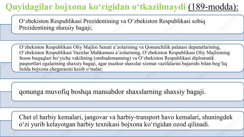 ilinishini talab qilish; ona tilidan foydalanish, shuningdek tarjimon xizmatlaridan foydalanish; o‘z huquqlari va majburiyatlari bilan tanishish; tushuntirishlar, iltimosnomalar berish; shaxsiy ko‘rik bayonnomasini tuzish tugallanganidan so‘ng u bilan tanishib chiqish va mazkur bayonnomaga kiritilishi lozim bo‘lgan ma’lumotlarni bayon etish; bojxona organining qarori, uning mansabdor shaxslari harakatlari (harakatsizligi) ustidan belgilangan tartibda shikoyat qilish. savol: shaxsiy ko‘rik natijalari bo‘yicha o‘zbekiston respublikasi davlat bojxona qo‘mitasi tomonidan belgilanadigan shaklda qanday hujjat tuziladi? javob: bayonnoma tuziladi. bayonnoma quyidagilar tomonidan imzolanadi: bojxona organining shaxsiy ko‘rikni o‘tkazgan mansabdor shaxsi; xolislar; shaxsiy ko‘rikdan o‘tkazilgan jismoniy shaxs yoki uning qonuniy vakili yoxud uni kuzatib boruvchi shaxs; tibbiyot xodimi — ko‘rikdan o‘tkazilgan shaxsning tana a’zolari u tomonidan tekshirilganda; shaxsiy ko‘rikda ishtirok etgan boshqa shaxslar. bojxona identifikatsiyalashi bojxona identifikatsiyalashi tovarlar, transport vositalari va hujjatlar, shuningdek bojxona nazorati ostida bo‘lishi lozim bo‘lgan tovarlar turgan yoki turishi mumkin bo‘lgan xonalar va boshqa joylarning bojxona identifikatsiyalash vositalarini qo‘llash yo‘li bilan amalga oshiriladi. bojxona identifikatsiyalash vositalari: …