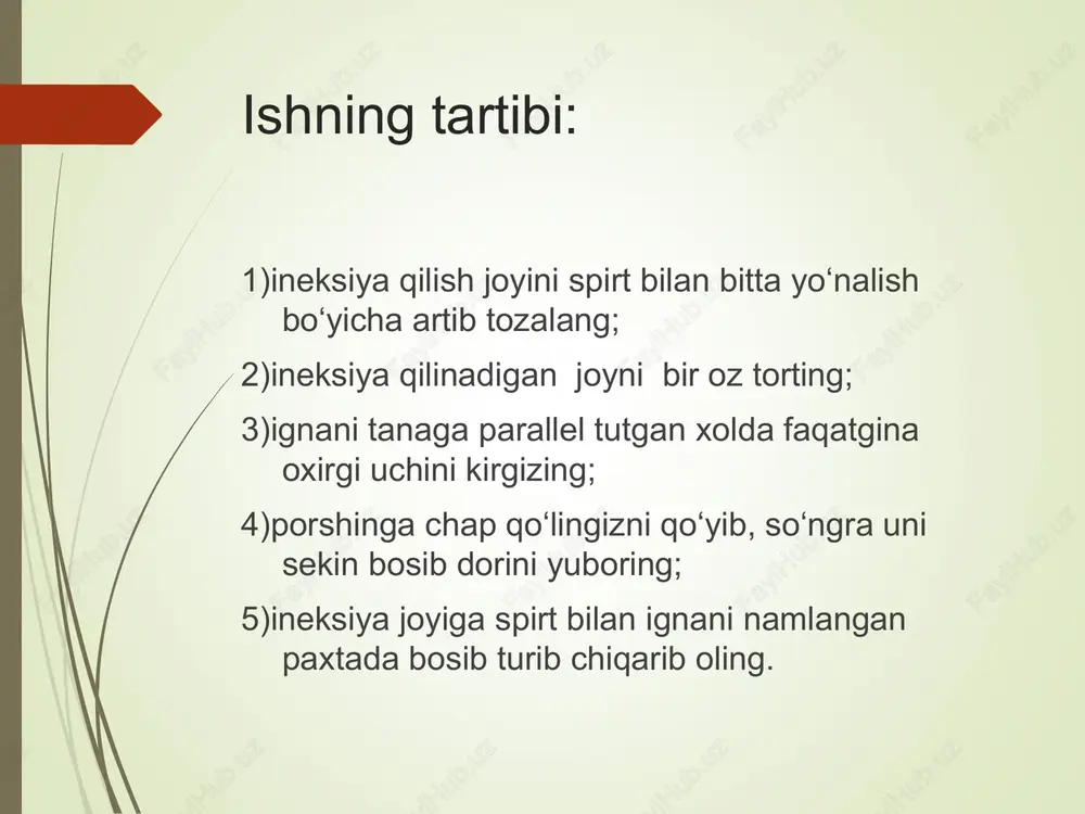 rioya qilmaganliklaridan kelib chiqadi. infiltrat ko‘pincha teri osti va mushak ichi ineksiyalardan keyin kelib chiquvchi asoratdir. ko‘pincha infiltrat o‘tmas ignadan foydalanganda ,shuningdek agar (igna kalta bo‘lib) mushak, teri ichi, teri osti va vena ichi ineksiyalari uchun mo‘ljallangan katta igna mushak ichi ineksiyasida qo‘llanilsa ham kelib chiqadi. chunki katta igna orqali yuborilgan dori mushak ichiga bormasdan, to‘qimalarning kimyoviy ta'sirlanishiga olib keladi. bunda dori juda ham sekin so‘riladi va oqibatda infiltrat hosil bo‘ladi. ineksiya qilingan joyni aniq qoplamaganlik va har doim bir joyga tez-tez ineksiya qilish ham infiltrat hosil bo‘lishining sababalaridan hisoblanadi. infiltratlarning profilaktikasi ularni hosil bo‘lishiga olib keluvchi sababalarga yo‘l quymaslikdir. absess ineksiyadan keyin yumshoq to‘qimalarning yiringlashishi va ustidan piogen membrana bilan qoplanishi, boshqa to‘qimalardan ajralib qolishiga absess deyiladi. absess kelib chiqish sabablari xam infiltratniki kabi aseptika qoidalariga rioya qilmaslikdan kelib chiqadi. profilaktikasi: barcha aseptika qoidalariga rioya kilish. ignaning sinishi: ineksiya vaqtida eski yoki ishlatilgan ignadan foydalanganda va yana dumba mushaklarining …
