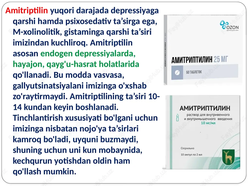 , bunda «bromizm» holati ro'y beradi. bromizm holatida organizm tormozlanadi, bo'shashish, xotiraning susayishi, diqqatning kamayishi, tumov, konyunktivit, terida qichishish, toshmalar paydo bo'ladi. valeriana moddalaridan o'simlikning damlamasi, nastoykasi, ekstrakti qo'llanadi, ular valeriana ildizi, o'q ildizidan tayyorlanadi, bu moddalar spazmolitik ta’sir etuvchi borneol va izovalerian kislotaning murakkab efir moyidan iborat. valeriana moddalari ayniqsa, yurak nevrozida samarali ta’sir ko'rsatadi. kombinirlangan suyuqliklar— valoserdin, korvalol, valokordinlar tarkibi asosan valerianadan iborat. arslonquyruq (leonuri) o'tidan tayyorlangan damlama va nastoykalar markaziy nerv sistemasini tinchlantiradi, ta’siri valeriana moddalariga o'xshab ketadi. neyroleptiklar neyroleptiklar psixozga qarshi, markaziy nerv sistemani tinchlantiruvchi (sedativ) hamda vegetativ xususiyatlarga ega. psixozga qarshi ta’sirda moddalarning gallyutsinatsiyalar (yo'q narsalarning ko'zga ko'rinishi, eshitilishi), alahlash, qo'rquv, tajovuzkorona harakatlarni kamaytirishi tushuniladi. neyroleptiklarning psixozga qarshi ta’sir mexanizmi limbik sistemada joylashgan dofaminoretseptorlarni, asosan d2-retseptorlarni falajlashi bilan bog'liq. ruhiy o'zgarishlar neyroleptiklarning tinchlantiruvchi - sedativ ta’siri tufayli ham kamayadi. ularning sedativ ta’sir mexanizmi retikulyar formatsiyada joylashgan noradrenergik retseptorlarni bog'lab, nerv impulslarining chetda (periferiyada) joylashgan o'ziga …