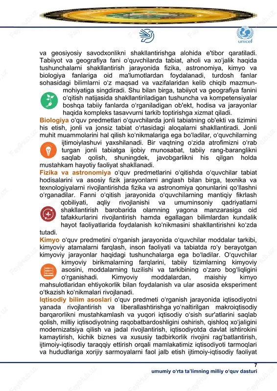 biy ta'sir ko‘rsatishini tushuntiradi hamda global va mintaqaviy ekologik muammolarning kelib chiqish sabablarini ayta oladi; ekologik muammoni hal etish yo‘llari va g‘oyalarini ilgari suradi, o‘z fikrini bayon etadi; salomatlik va sog‘lom turmush tarzining nazariy hamda amaliy asoslarini biladi. amaliy kompetensiya turli axborot manbalaridan zaruriy ma'lumotlarni topa oladi, shaxsiy va kasbiy faoliyatida qo‘llaydi; tabiiy fanlardan egallagan bilim, ko‘nikma va malakalaridan shaxsiy, kasbiy va ijtimoiy faoliyatlarida vujudga keladigan muammolarni hal etishda qo‘llaydi; turli jihozlardan foydalanishda xavfsizlik qoidalariga rioya qiladi va oqilona foydalanadi; o‘z turmushi va yashayotgan hududining barqaror rivojlanishiga amaliy ko‘nikmalarini safarbar etadi; mavjud imkoniyat va resurslarini innovatsion faoliyatga yo‘naltira oladi va xalq farovonligiga ijobiy hissa qo‘shadi; insoniyat va tabiatning uzviyligini anglagan holda, tabiat va tabiiy boyliklaridan samarali foydalanadi; atrof muhit va ekologiyaga salbiy ta'sir etuvchi omillarni bartaraf etadi hamda asraydi va o‘z faoliyatida sog‘lom turmush tarziga amal qiladi; kundalik faoliyatida ijodiy va mantiqan fikrlab, o‘zining intellektual rivojlanishini ongli rejalashtiradi, o‘quv faoliyati …