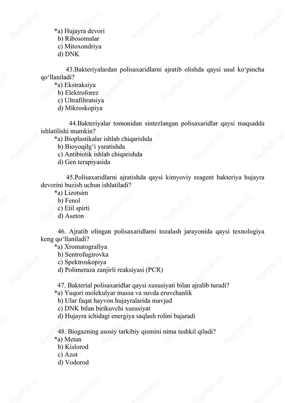 z ishlab chiqarishda anaerob sharoit nima uchun zarur? *a) kislorodsiz muhitda anaerob bakteriyalar faol bo‘ladi b) metan hosil qilish uchun kislorod kerak c) aerob bakteriyalar fermentatsiyani boshlaydi d) substratni tez parchalanishi uchun kerak 59. organik chiqindilardan biogaz olishda ph darajasining optimal oralig‘i qancha bo‘lishi kerak? *a) 6.5–7.5 b) 4–6 c) 2–3 d) 8–10 60. biogaz ishlab chiqarish jarayonida yuqori haroratning ta’siri qanday? *a) reaksiyani tezlashtiradi va gaz ishlab chiqarish samaradorligini oshiradi b) anaerob bakteriyalarni o‘ldiradi c) fermentatsiyani to‘xtatadi d) karbonat angidrid miqdorini oshiradi 61. fermentlar nima? *a) oqsil moddalari b) lipidlar c) uglevodlar d) vitaminlar 62. fermentlarning asosiy vazifasi nima? *a) reaksiyalarni tezlashtirish b) energiya ishlab chiqarish c) hujayra bo‘linishini boshqarish d) dnk sintez qilish 63. fermentlar qanday moddadan iborat? *a) oqsillar b) karbonat angidrid c) nuklein kislotalar d) xlorofil 64. qaysi moddalar ferment faoliyatiga ta’sir qiladi? *a) ph, harorat, substrat konsentratsiyasi b) suv miqdori c) yalpi issiqlik energiyasi d) …