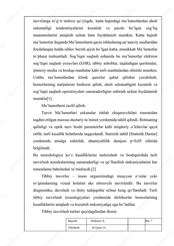 del.save(‘eye_disease_cnn_model.h5’) print(“✅ model saqlandi: eye_disease_cnn_model.h5”) modelni o’qitish uchun shu codedan foydalanamiz 2- code loyihamizni websayt qismi. import streamlit as st from fastai.vision.all import * import plotly.express as px st.write(“## tibbiy tasvirlar asosida ko’z kassaliklarini aniqlash.”) st.write( “:hospital: malumot dastur haqida” ) st.sidebar.write(“## rasmini yuklash :gear:”) col1, col2,col3 = st.columns(3) file=st.sidebar.file_uploader(“rasm yuklash”,type=[‘png’,’jpeg’,’svg’,’jpg’]) if file: col1.write(“yuklangan rasm :camera:”) with col1: st.image(file) img =pilimage.create(file) model = load_learner(“bmi_my_model.pkl”) pred, pred_id, probs =model.predict(img) col2.write(“natijalar 🧬 🧠”) with col2: st.success(f”bashorat : {pred}”) st.info(f”ehtimollik : {probs[pred_id]*100:.1f}%”) col3.write(“bashorat aniqlik grafigi 📈”) with col3: fig = px.bar(y=probs*100,x=model.dls.vocab,width=400, height=350) st.plotly_chart(fig) else: col1.write(“yuklangan rasm :camera:”) with col1: st.image(“x.jpg”) col2.write(“natijalar 🧬 🧠”) with col2: st.success(f”bashorat qiymati”) st.info(f”bashorat aniqligi (%)”) col3.write(“bashorat aniqlik grafigi 📈”) with col3: st.image(“grafik.jpg”) with st.expander(“foydalanish qo’llanmasi”): st.markdown(“”” ##### foydalanish: * ekraning chap tomonidagi “rasm yuklash” qismi orqali rasmingizni yuklang * natijalar : matn,foiz va grafik ko’rinishida chiqadi ##### ogohlantirish : * ishlov berilgan rasmni yuklash lau natija chiqishiga olib …